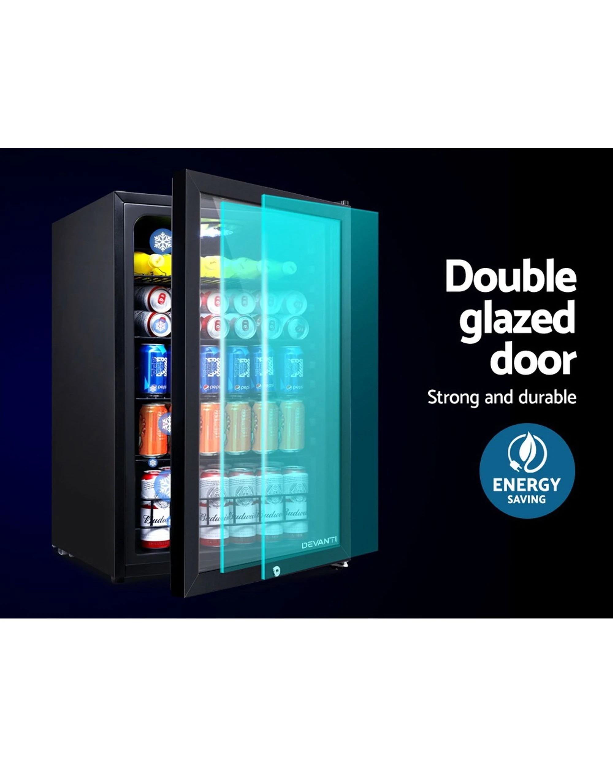 3 Devanti 130L Bar Fridge Glass Door w/Light - Black, 3 of 6