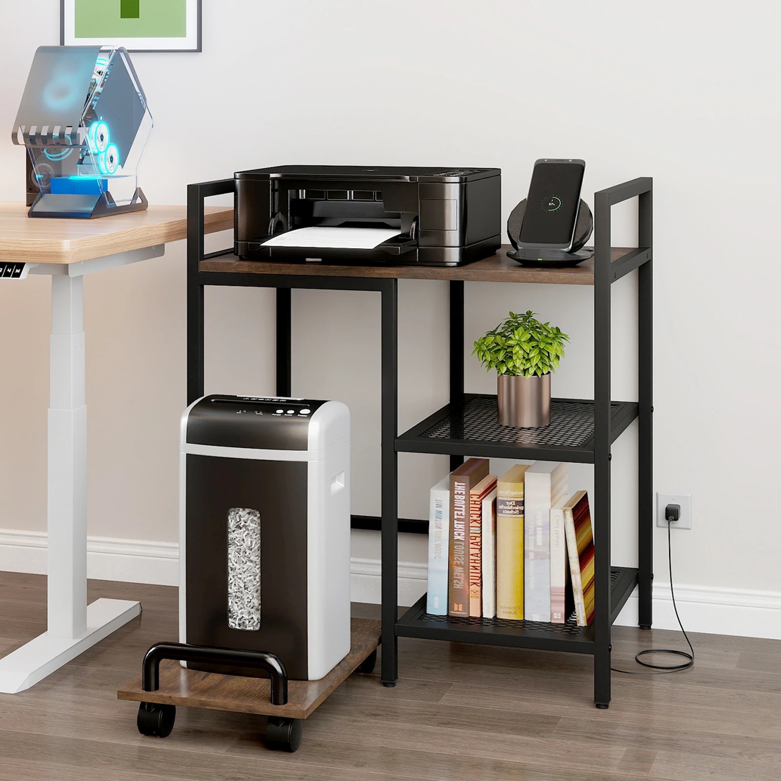 3 Costway Printer Stand w/Charging Station 3-Tier Storage Side Table - Brown, 3 of 6
