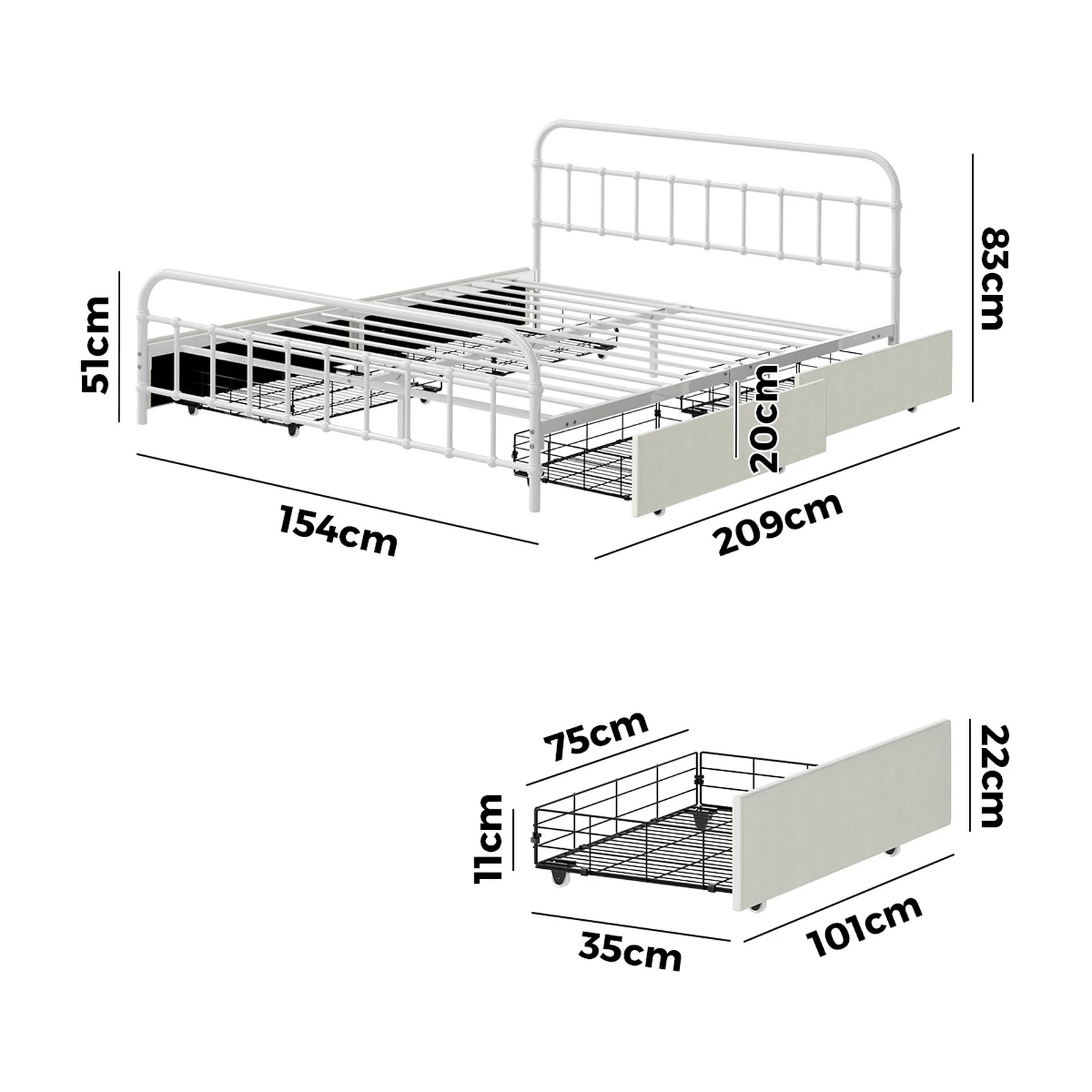 5 Oikiture Metal Bed Frame Queen Size Bed Base with 4 Drawers - White, 5 of 8