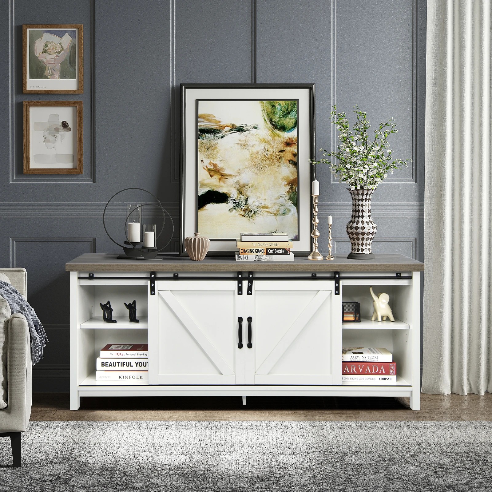 1 Costway Wood TV Cabinet Entertainment Unit Media Console Table w/Sliding Door w/Adjustable Shelf - White, 1 of 3