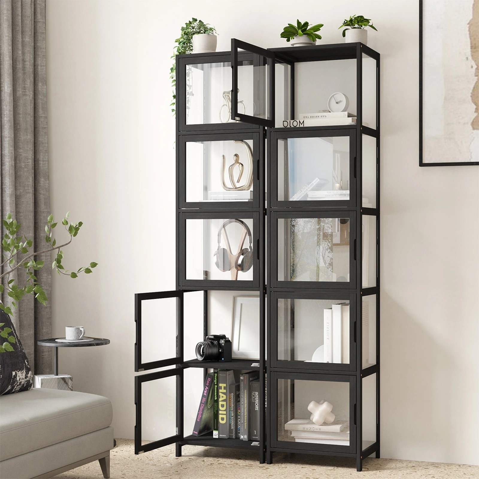 3 Oikiture Display Cabinet 5-tier Slim Storage Shelves Clear Bookcase Rack
 - Black, 3 of 9