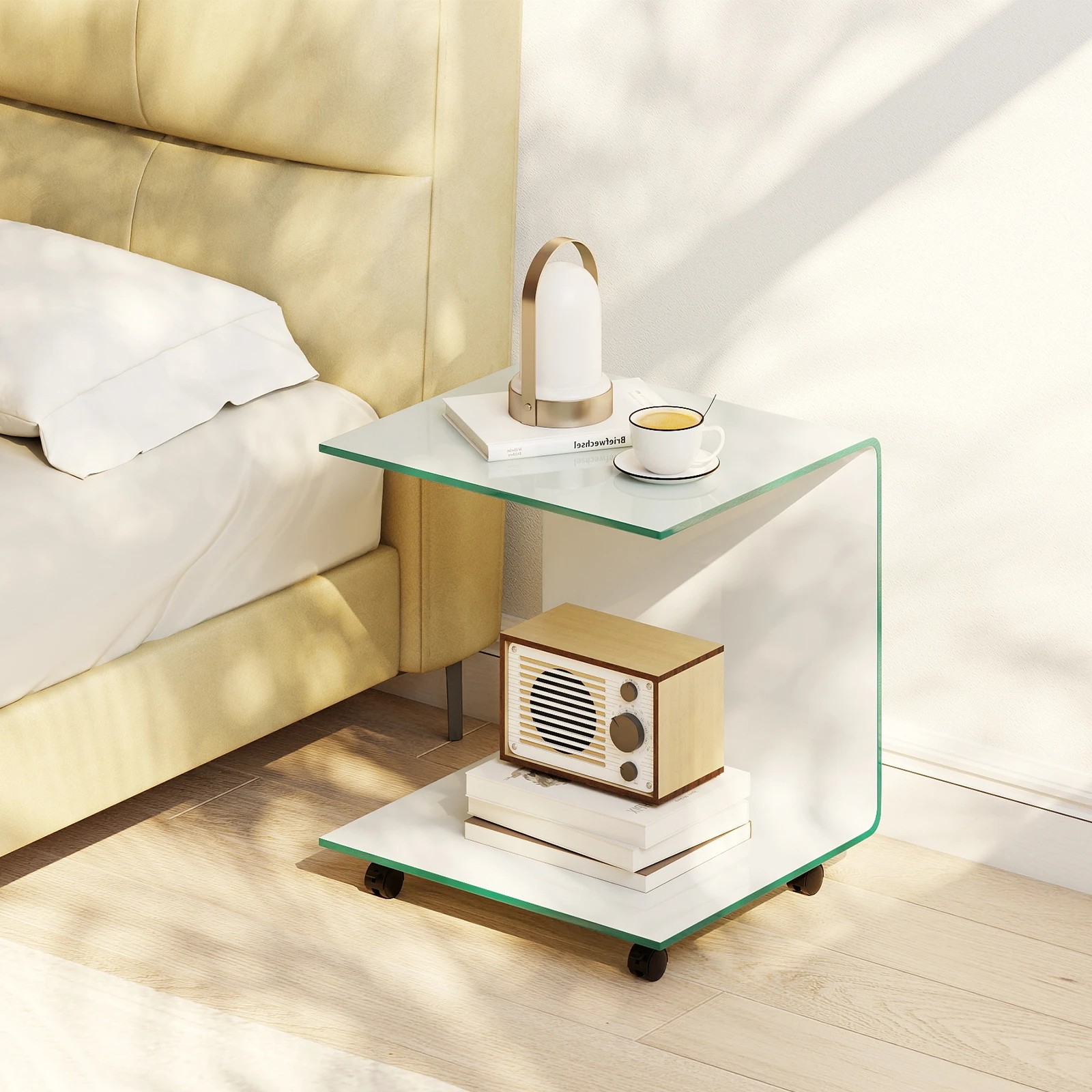 5 Costway Mobile C-Shaped End Table Tempered Glass 2 Tier Shelf Sofa Bedside Table, 5 of 5