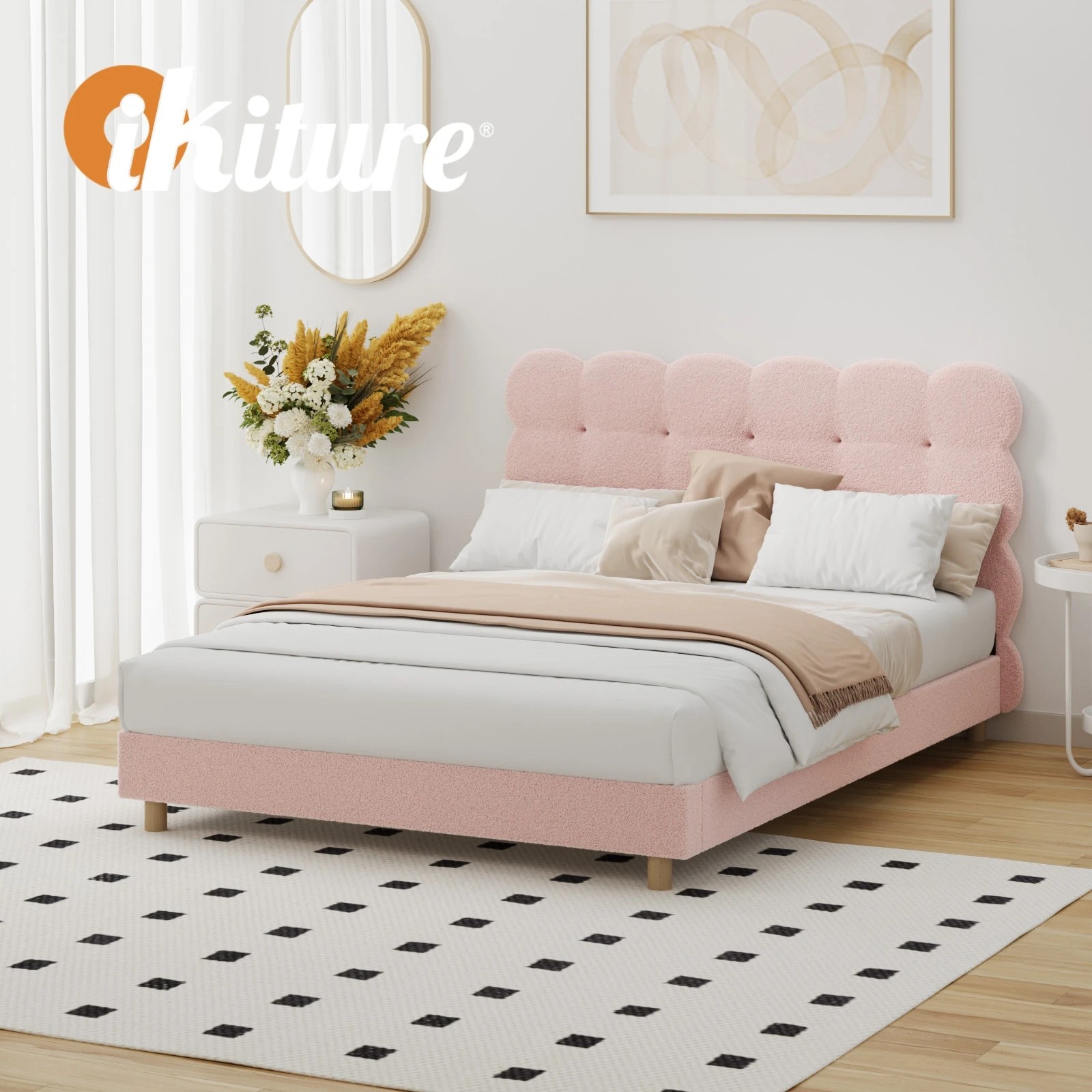 6 Oikiture Double Bed Tufted Bedhead Boucle Bed Frame
 - Pink, 6 of 10