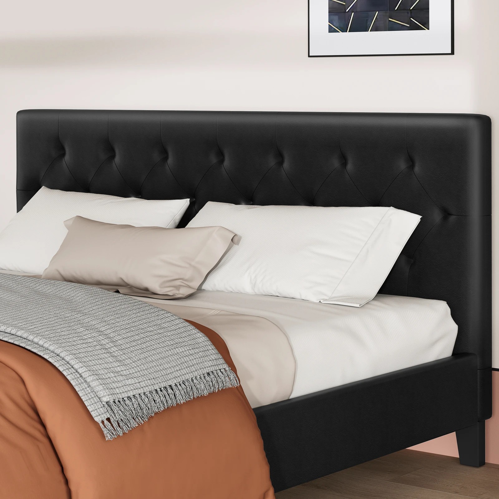 4 Alfordson Bed Frame Double Size Wooden Base Platform Leather Madelyn - Black, 4 of 10