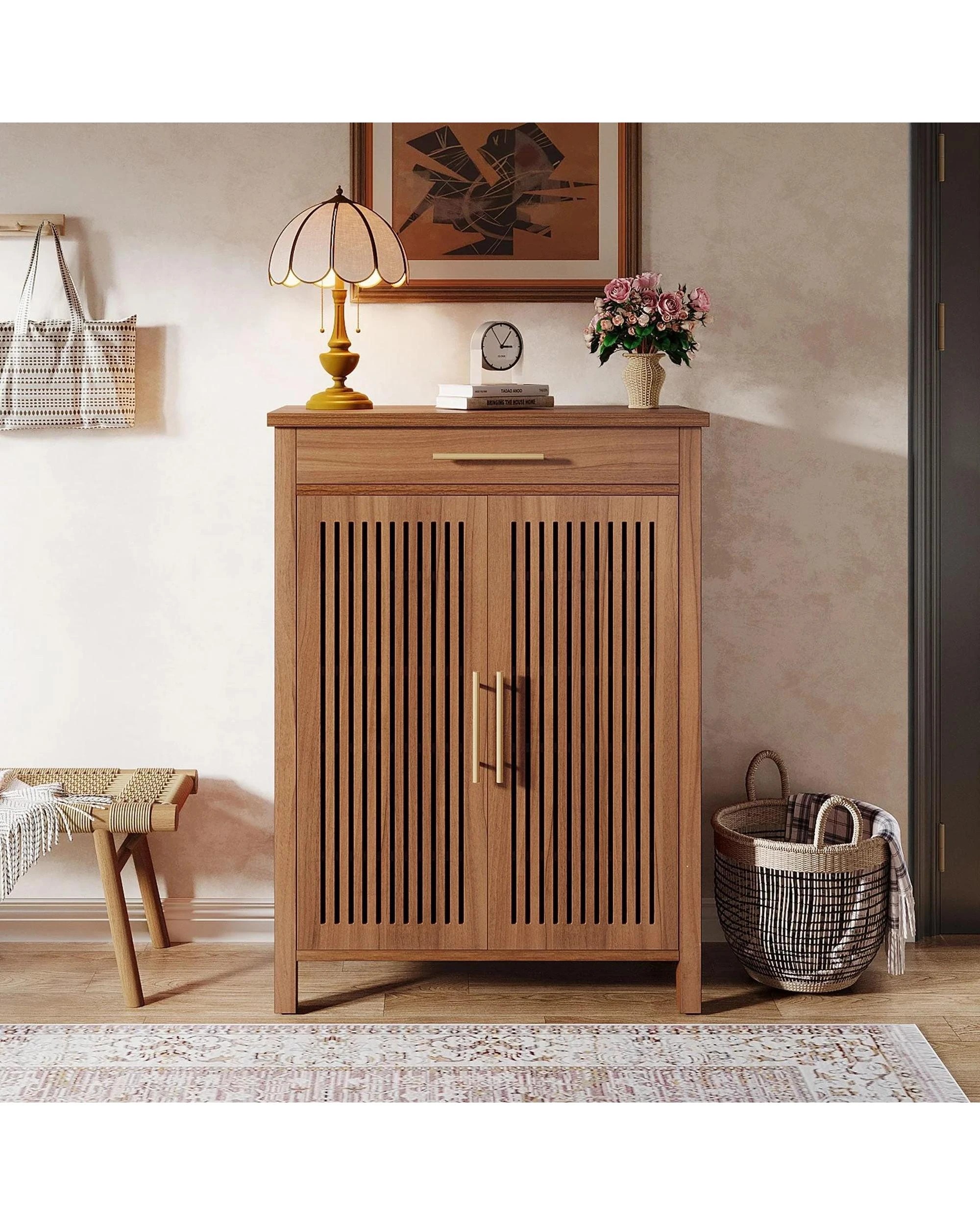 2 OAKORY 5-Tier Shoe Cabinet with Adjustable Shelves, Louvered Doors and Top Drawer in Rustic Brown, 2 of 5