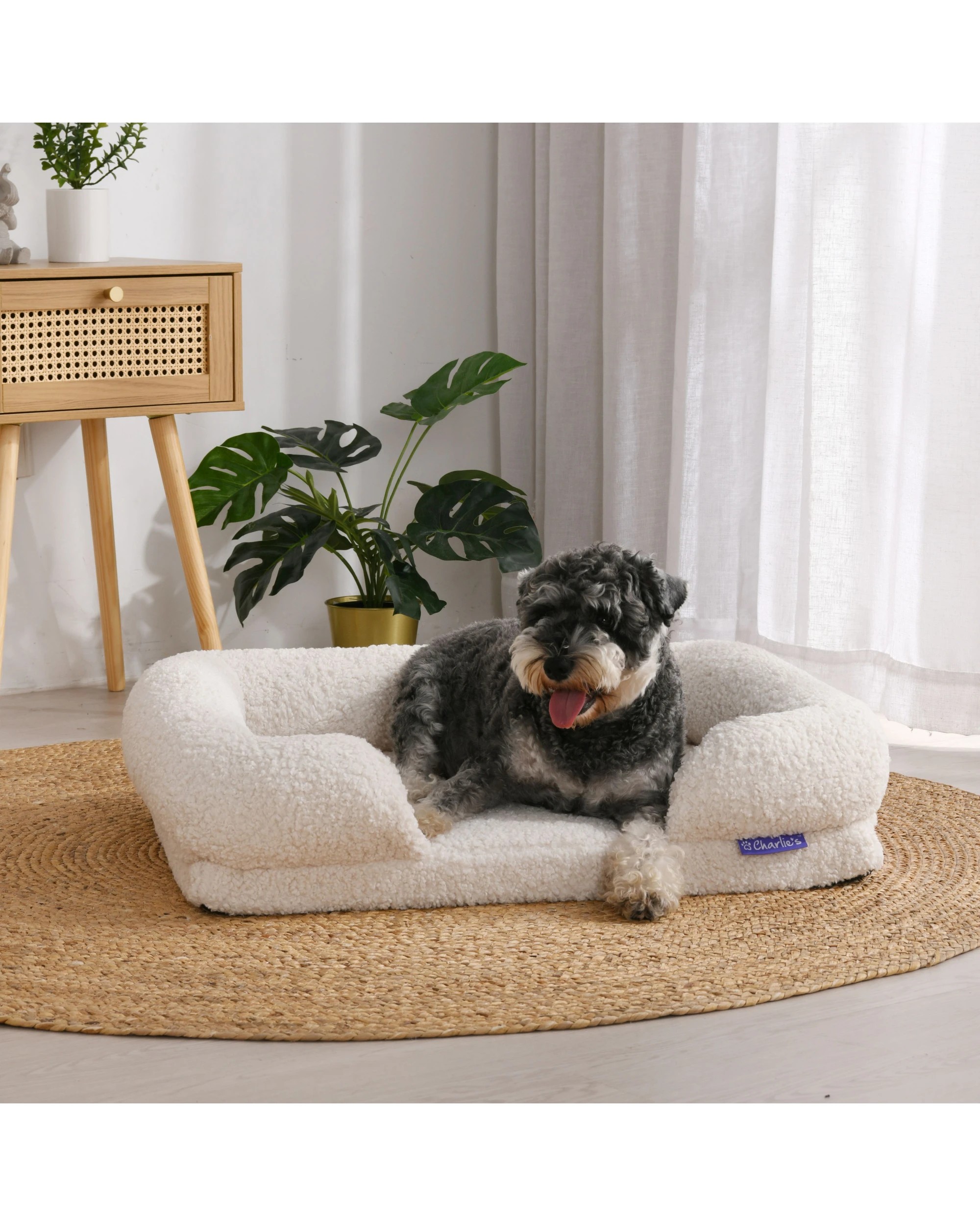 2 Charlie's Teddy Fleece Orthopedic Memory Foam Sofa Dog Bed with Bolster Medium - Cream, 2 of 9