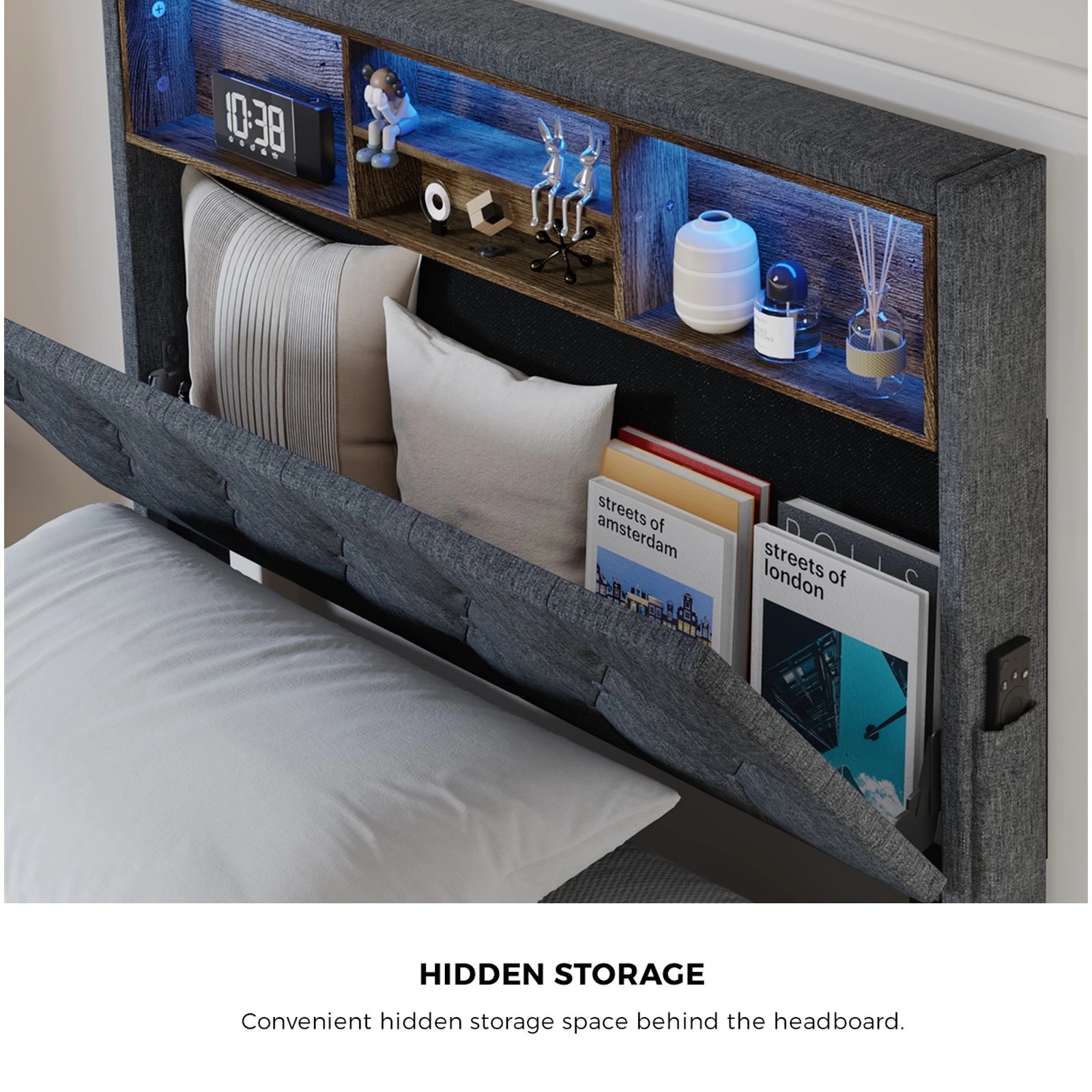 5 Oikiture King Single Bed With Led Storage Bedhead Bed Frame
 - Grey, 5 of 10