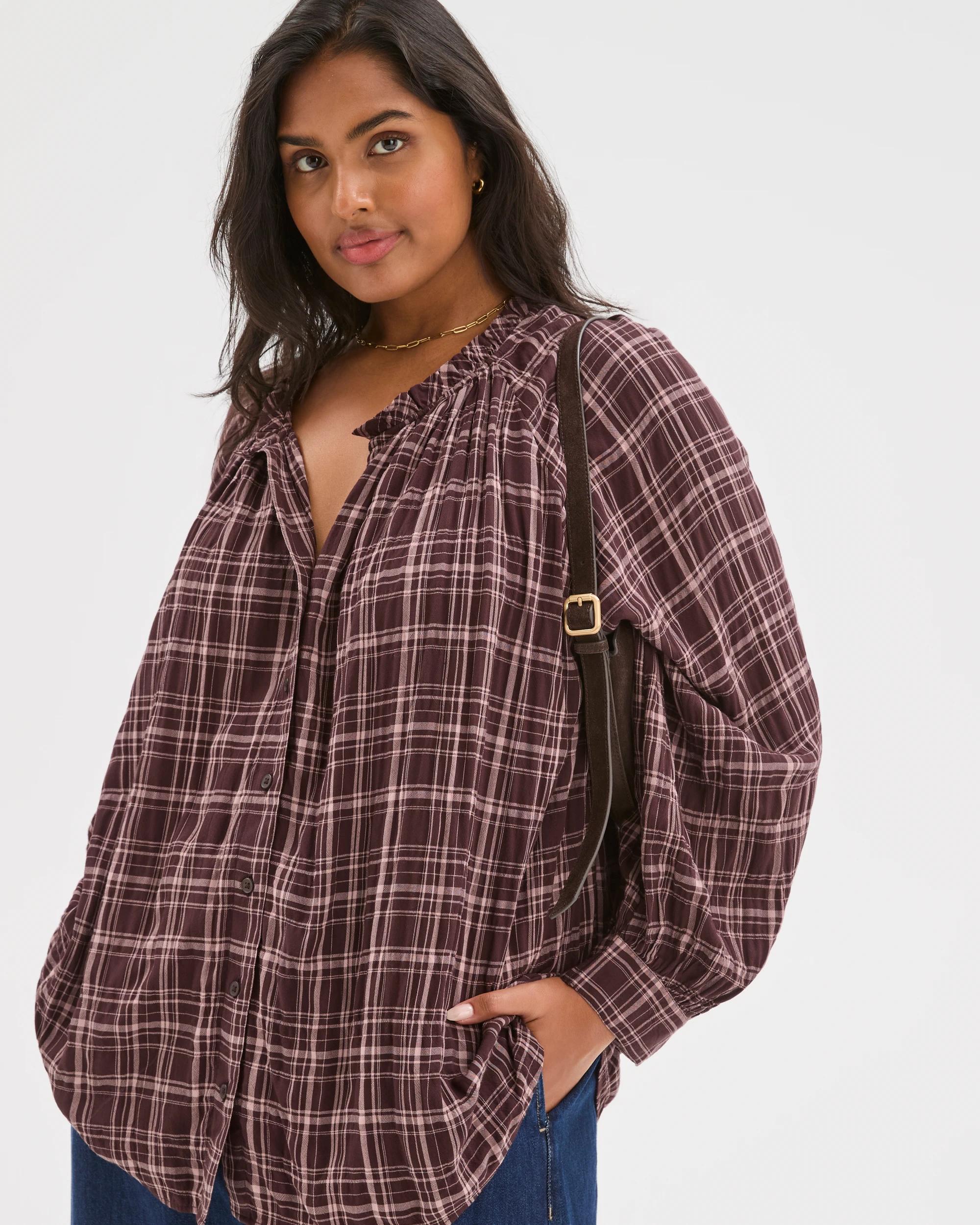 5 Target Curve Plus Size Long Sleeve Romantic Blouse CHOCOLATE PLUM CHECK, 5 of 7