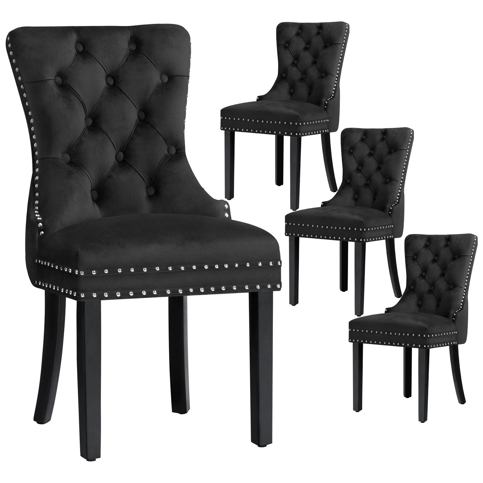 1 Alfordson 4x Dining Chair Kitchen Lounge Retro Button Tufted Wooden Velvet - Black, 1 of 10