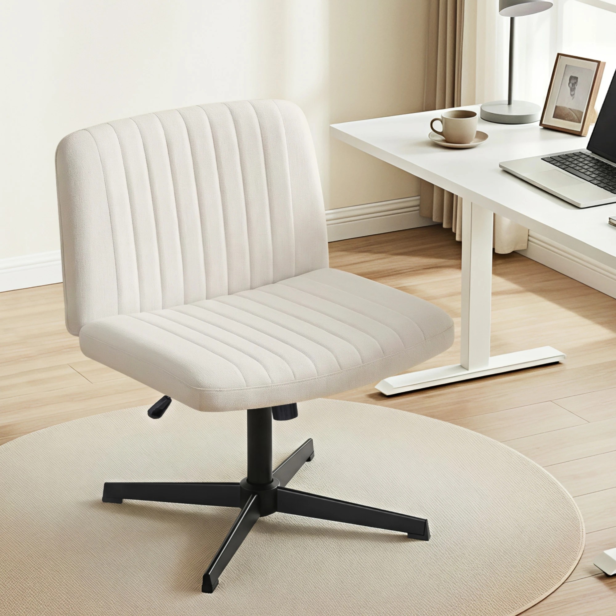7 Artiss Criss Cross Chair No Wheels Fabric Wide Cross Legged Office Desk Vanity - Beige, 7 of 7