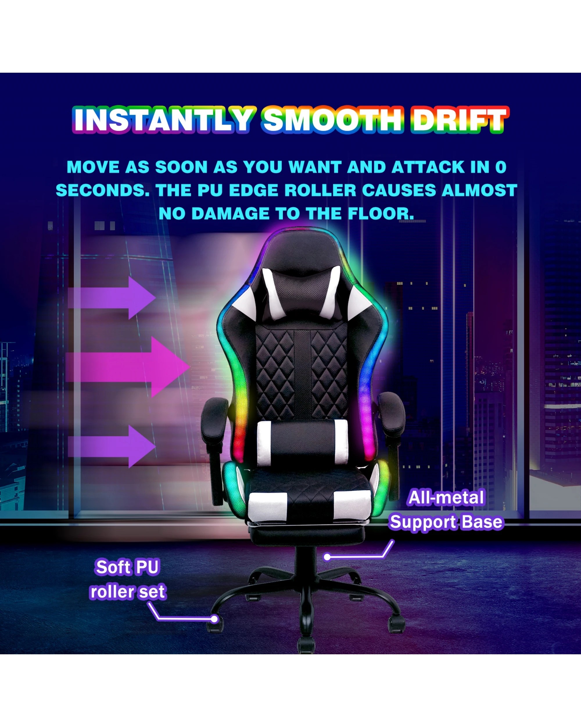 8 Advwin Led Lights Gaming Chair With Massagers Black/white, 8 of 8