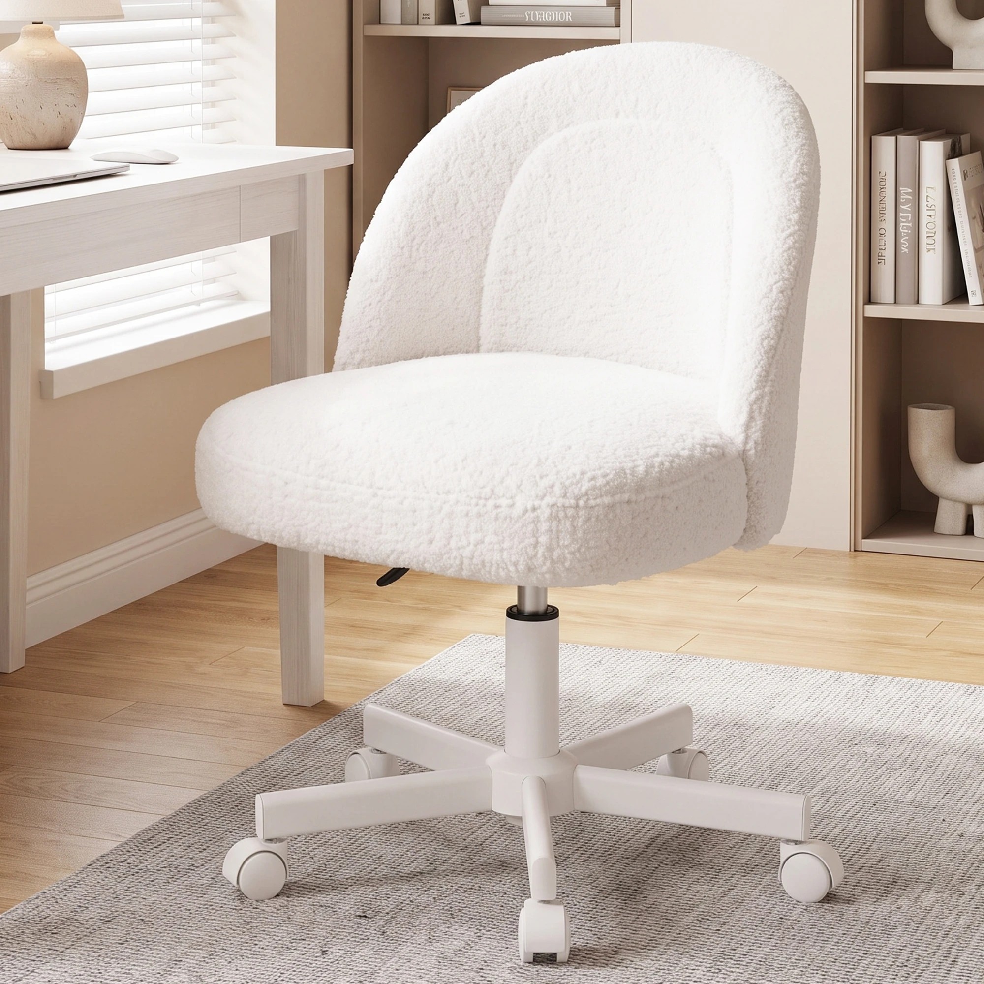 6 Advwin Teddy Fleece Vanity Chair Swivel Makeup Desk Chair with Wheels - White, 6 of 8