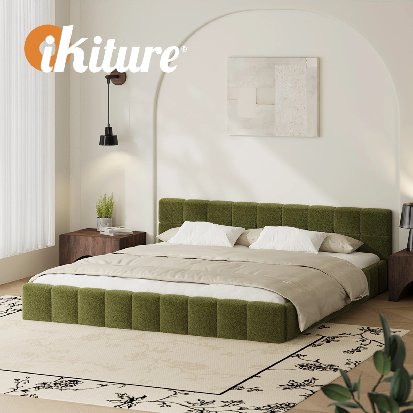 6 Oikiture Bed Frame King Size Tufted Headboard Boucle - Green, 6 of 9