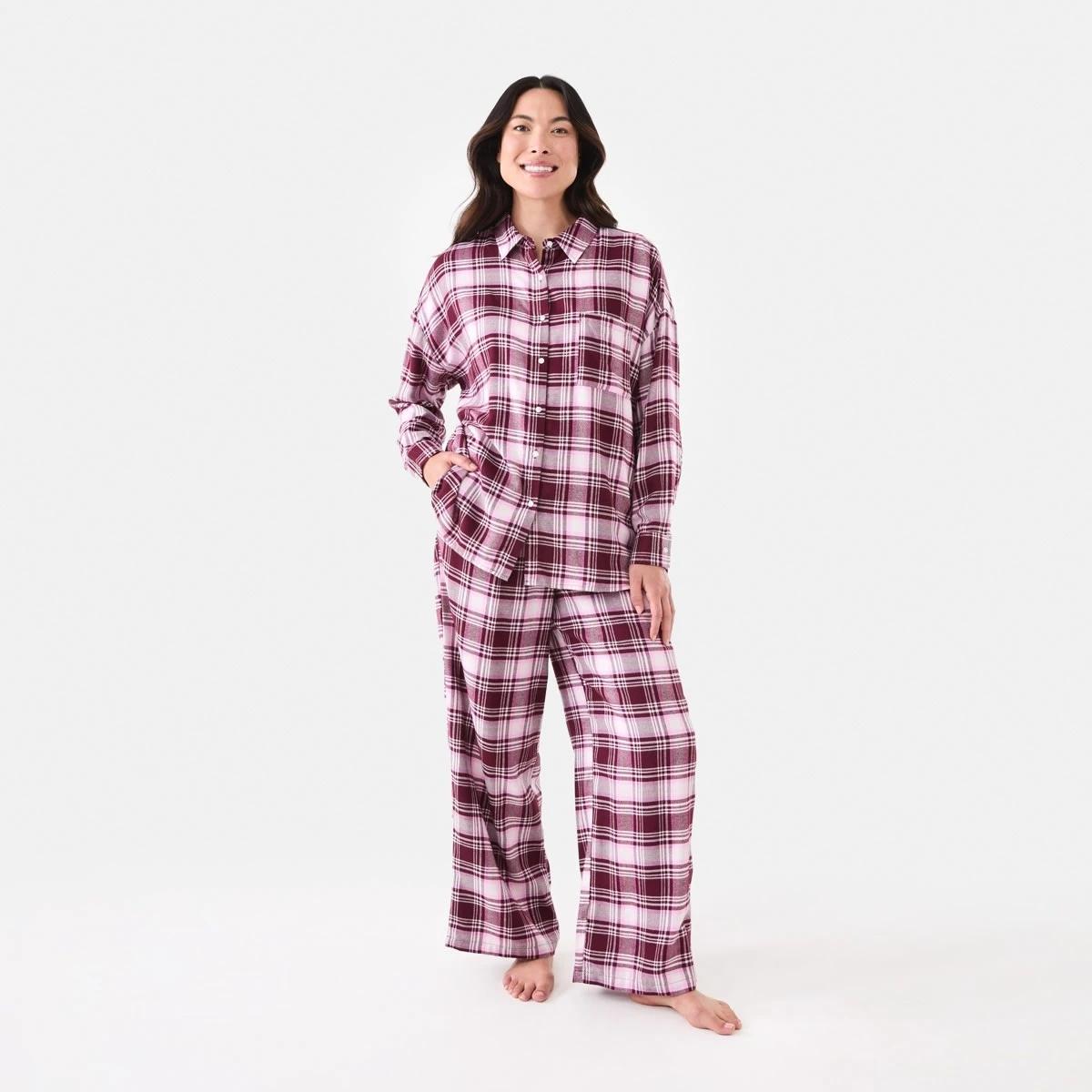 1 Relaxed Boyfriend Flannel Pyjama Set Burg Chk, 1 of 7
