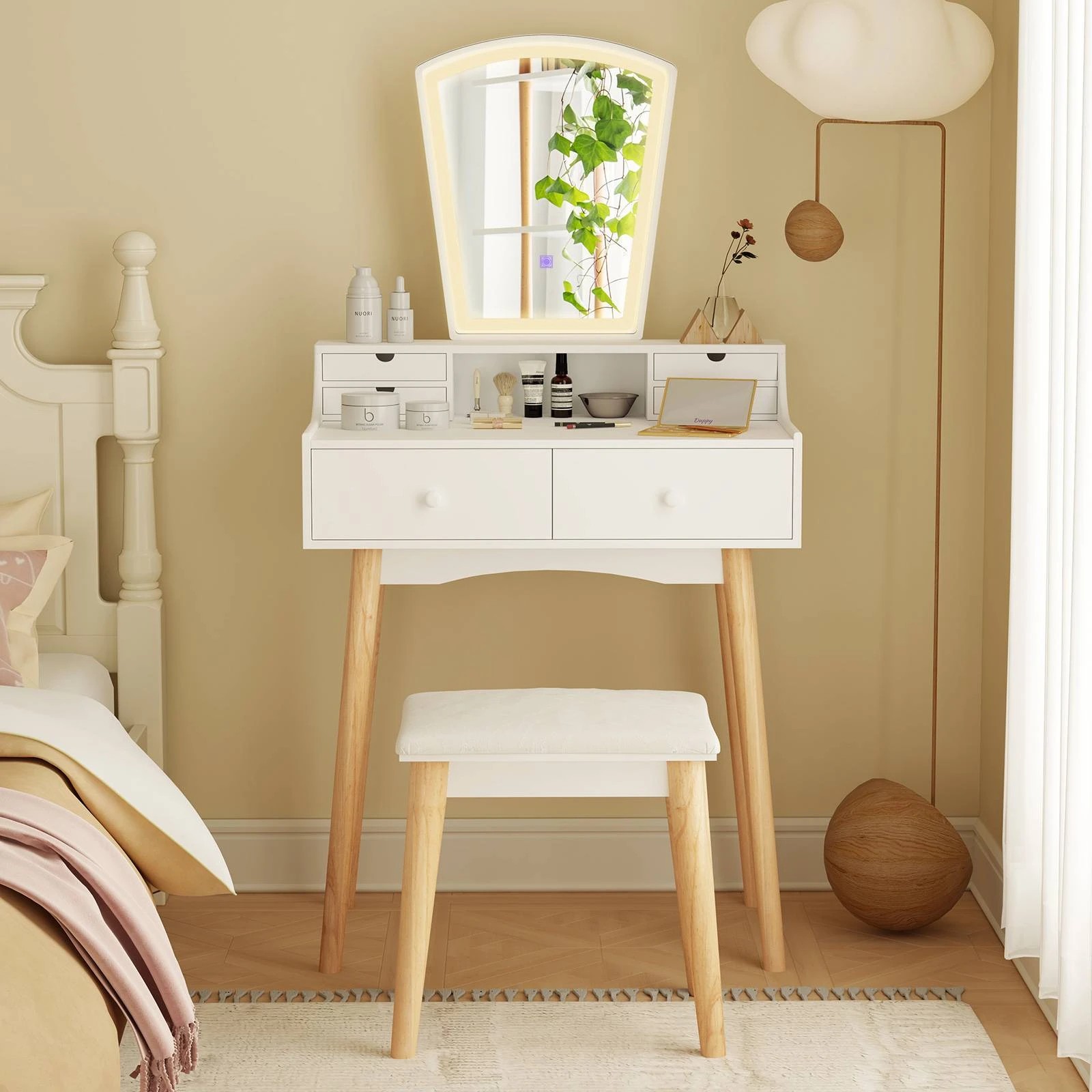 3 Costway Vanity Table Set Wood Dressing Vanity Table Set w/Mirror & Cushioned Stool, 3 of 4