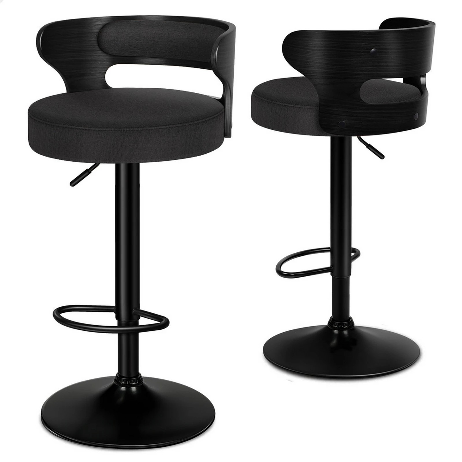 1 Alfordson 2x Bar Stool Kitchen Swivel Chair Wooden Linen Fabric Ramiro - Black, 1 of 9