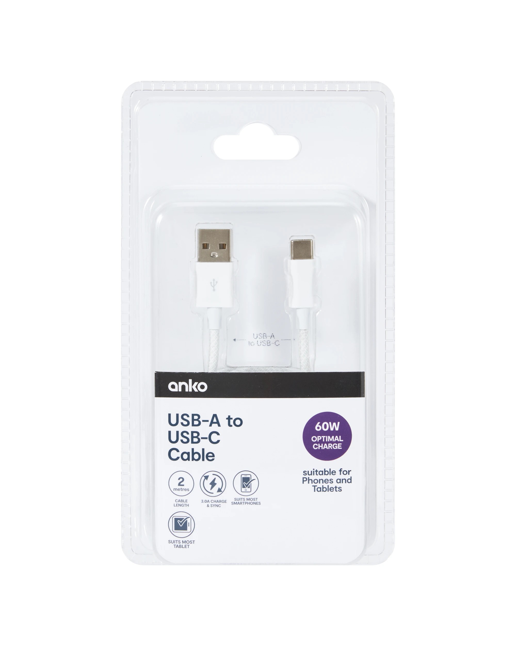 4 2m USB-A to USB-C 60W Braid Cable - White, 4 of 5