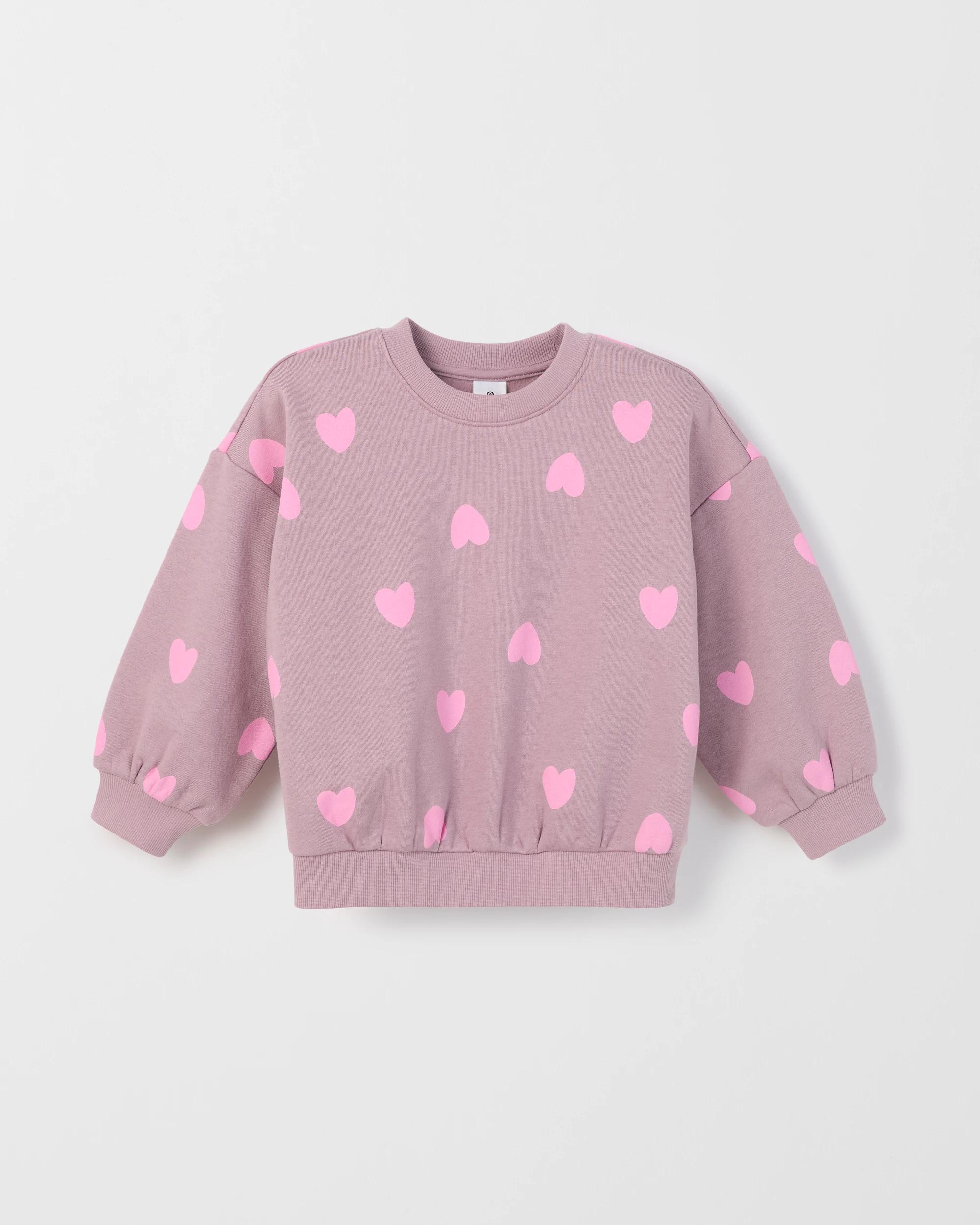 4 Target Kids Australian Cotton Blend Loose Fleece Jumper PINK HEART AOP PURPLE, 4 of 5