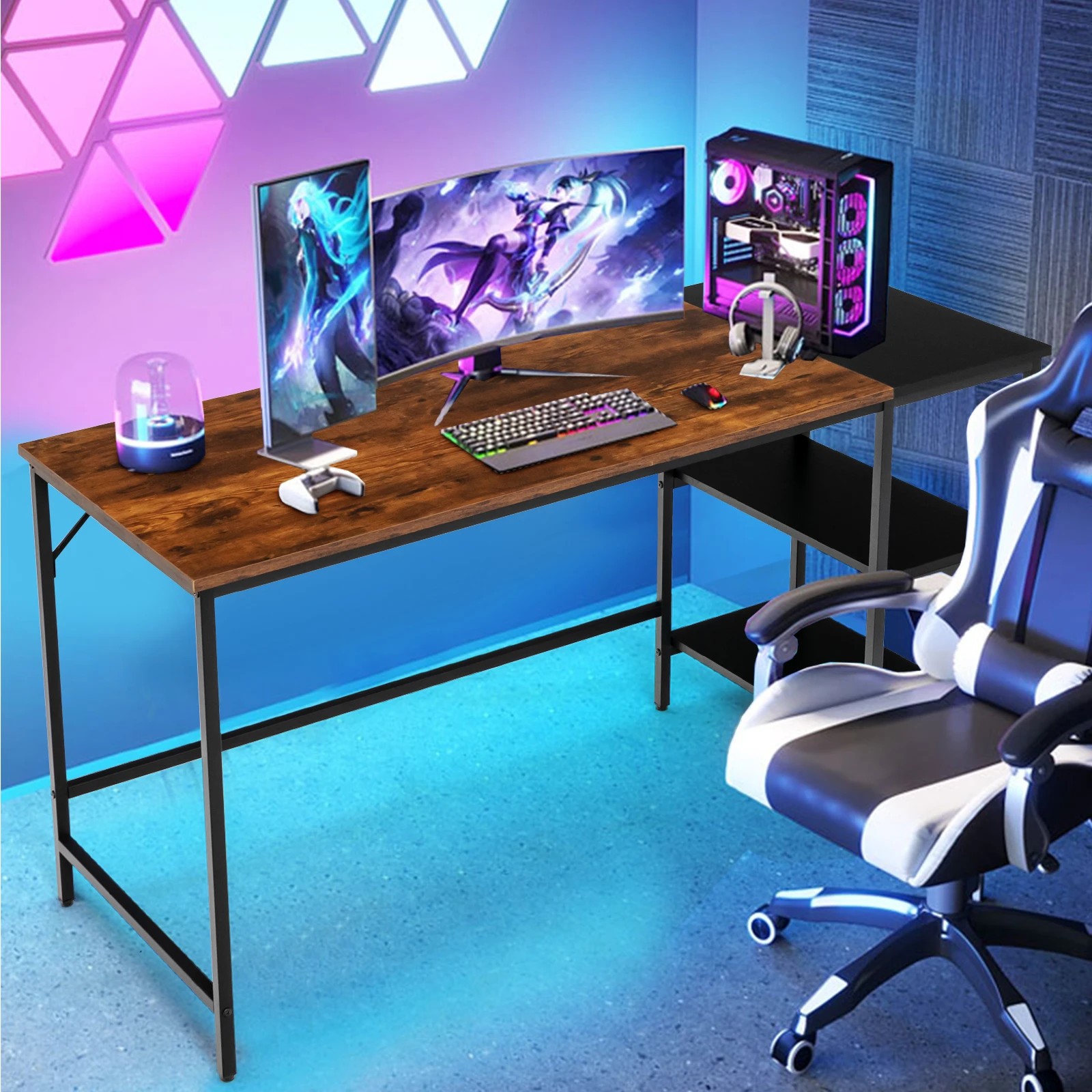 4 Costway 140cm Reversible Computer Desk Writing Study Table w/Bookshelf, 4 of 6