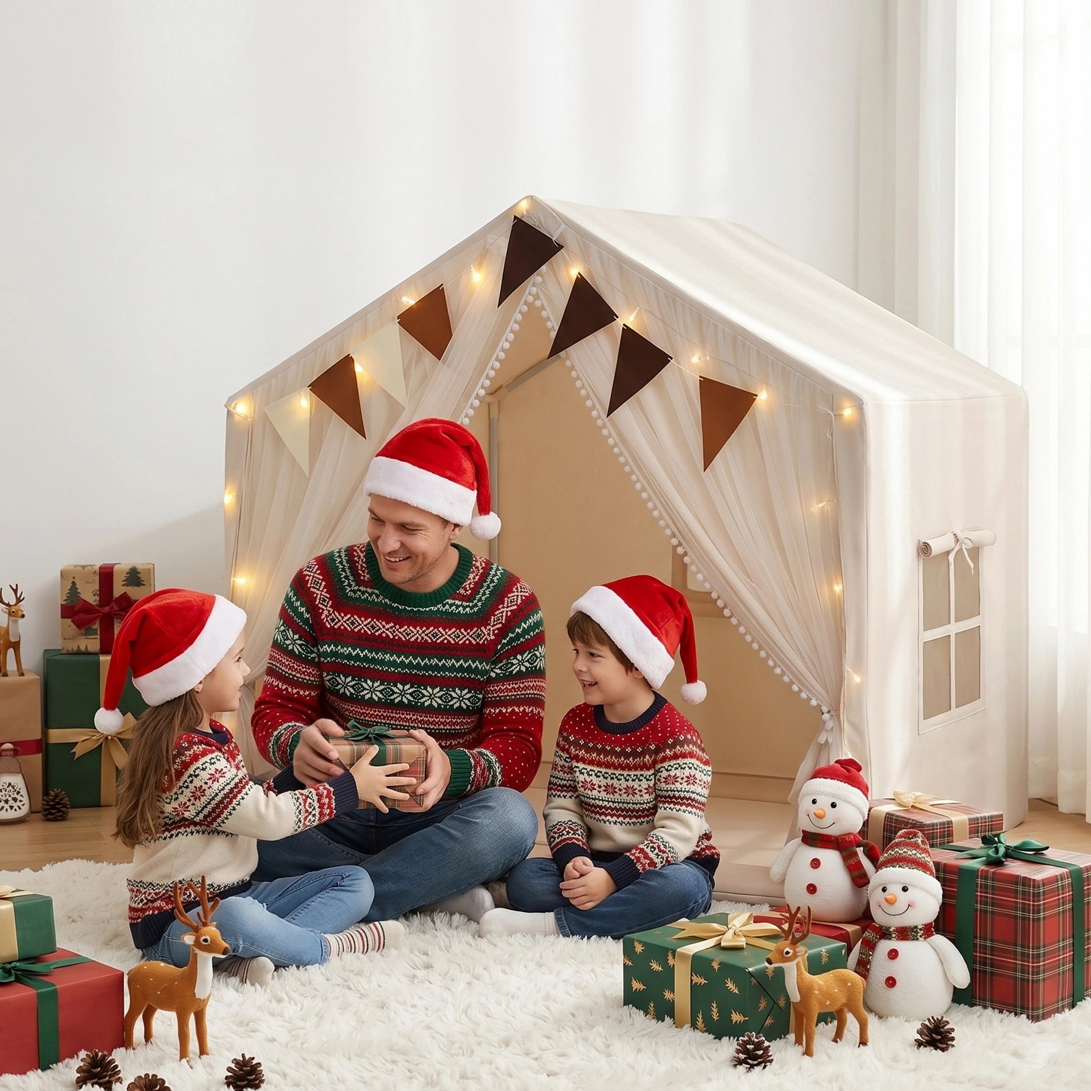 7 Keezi Kids Play Tent with Star Lights, Windows & Flag – 144x95cm Indoor Playhouse - Beige, 7 of 8