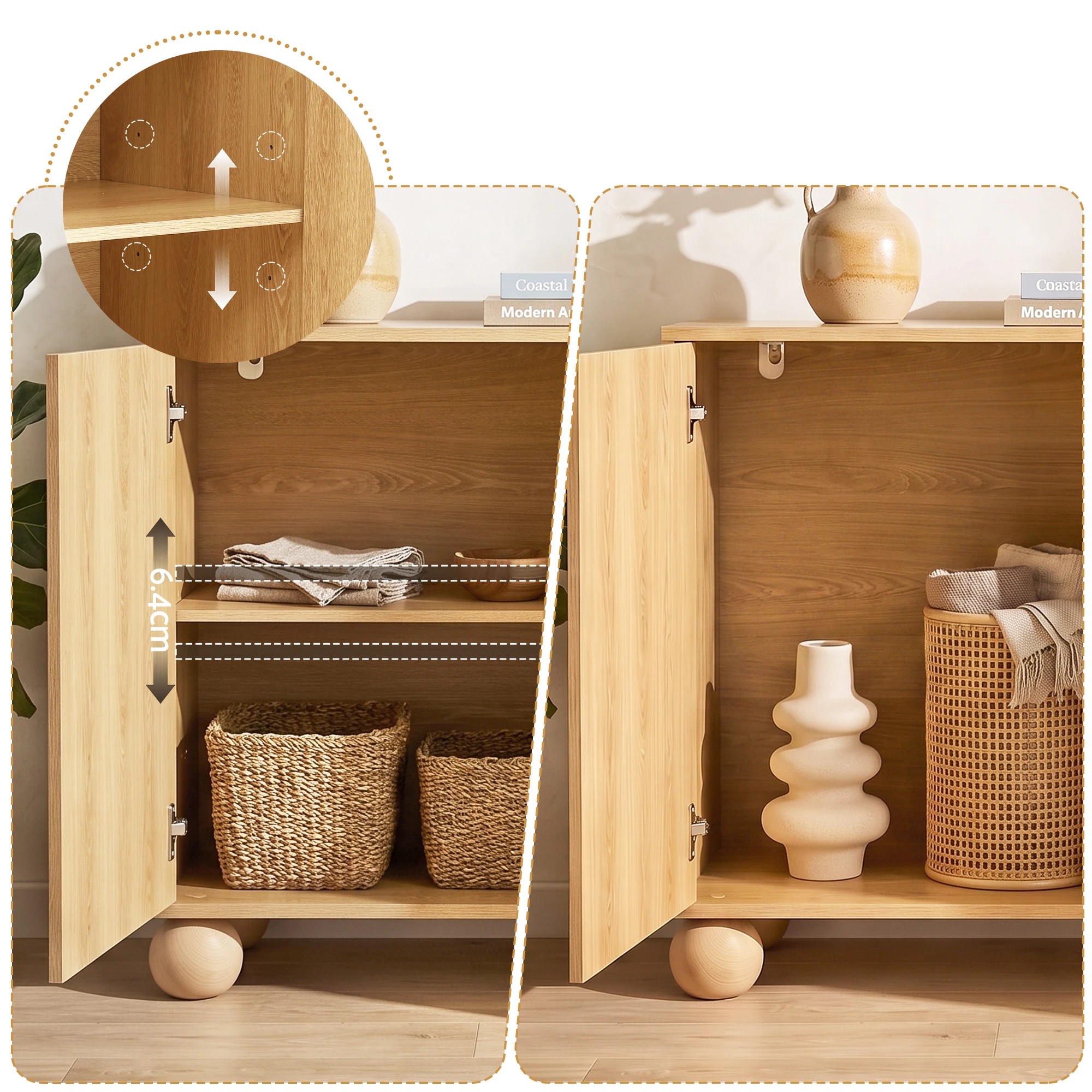 7 Artiss Buffet Cabinet Sideboard 2-Tier Kitchen Storage Ball Legs180cm - Natural, 7 of 10