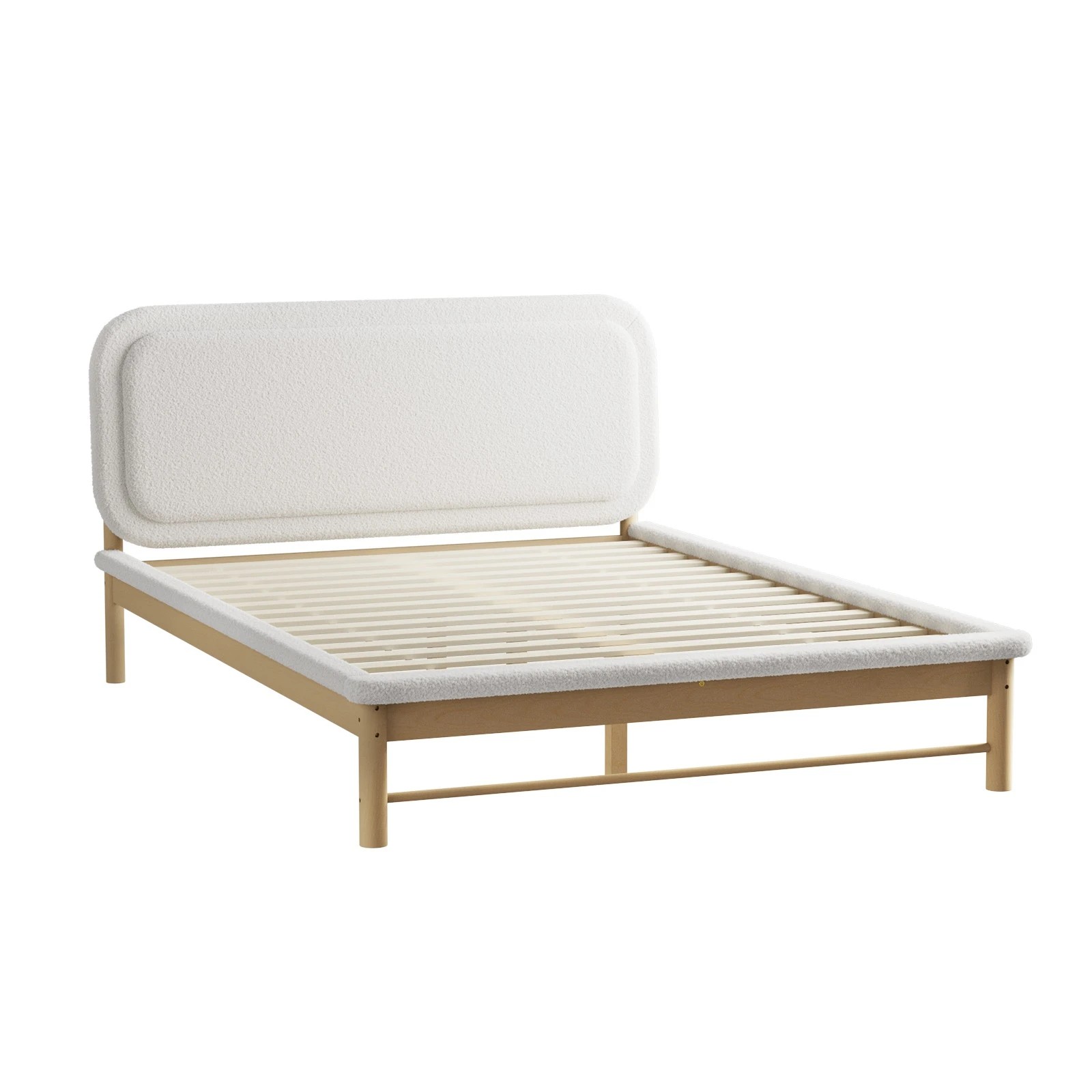 1 Oikiture Wooden Pine Bed Frame with Boucle Upholstery Queen - Beige, 1 of 9