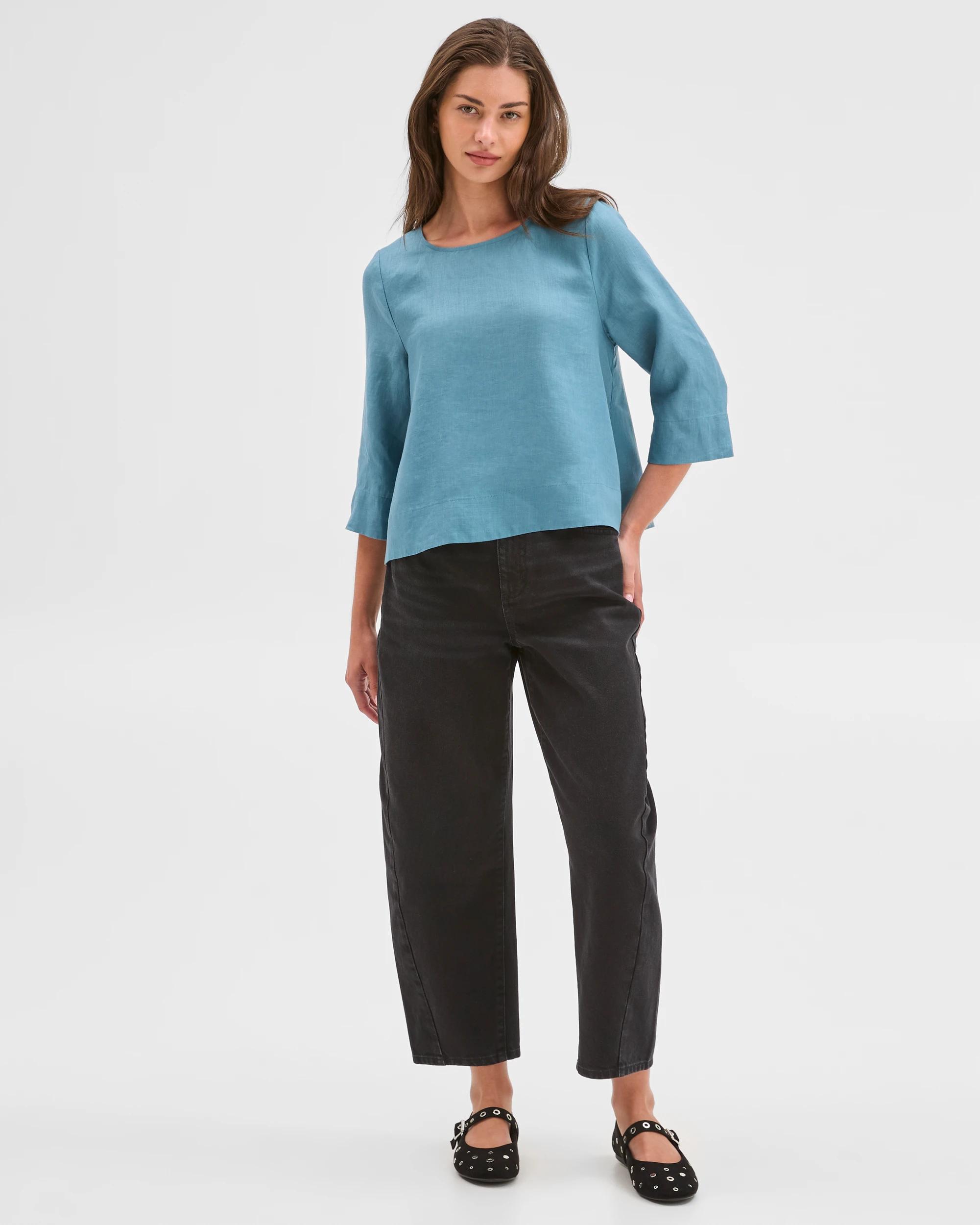 2 Target Petites Petites European Linen 3/4 Sleeve Cross Back Top SEA TEAL, 2 of 5