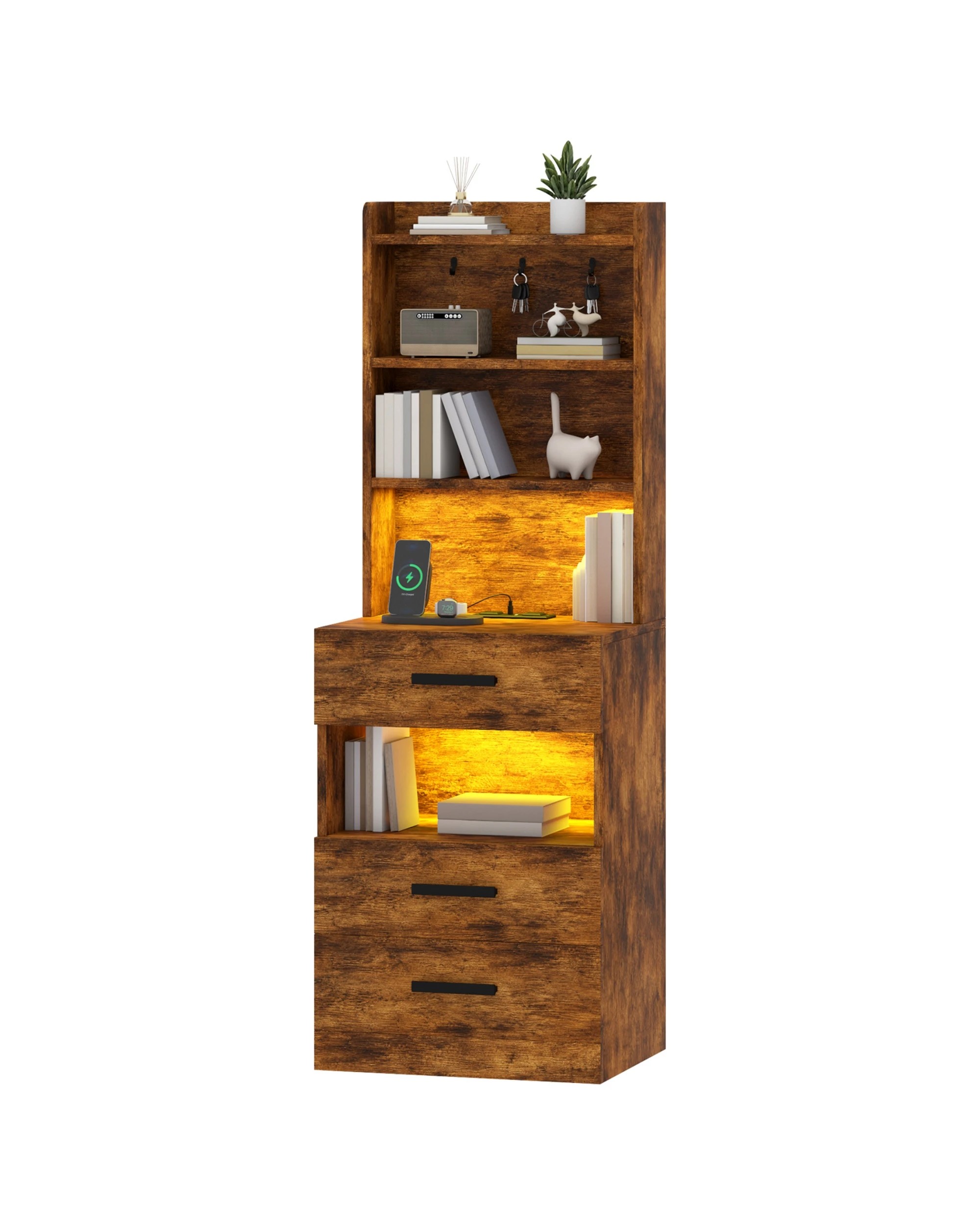 1 Ufurniture LED Tall Bedside Cabinet With Charging Station 3 Drawers and 3 Shelves - Brown, 1 of 8