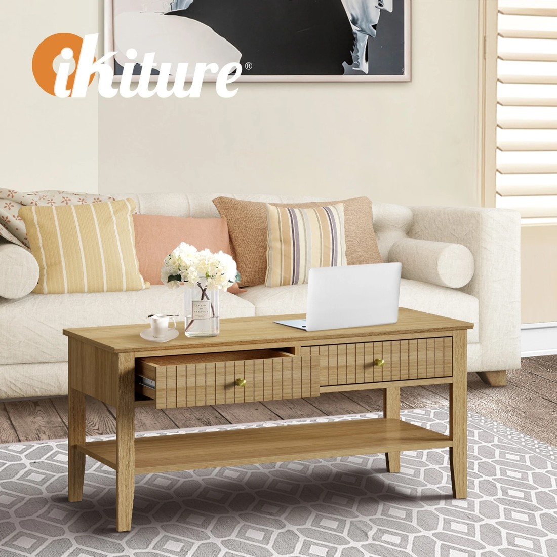 5 Oikiture Coffee Table Rectangle Table Side Storage Drawers Shelving
 - Natural, 5 of 10