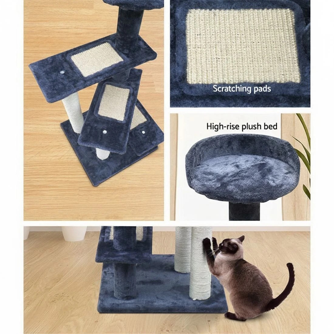 4 i.Pet Cat Tree 100cm Scratching Post Scratcher Tower Wood Condo House Trees Bed - Grey, 4 of 7