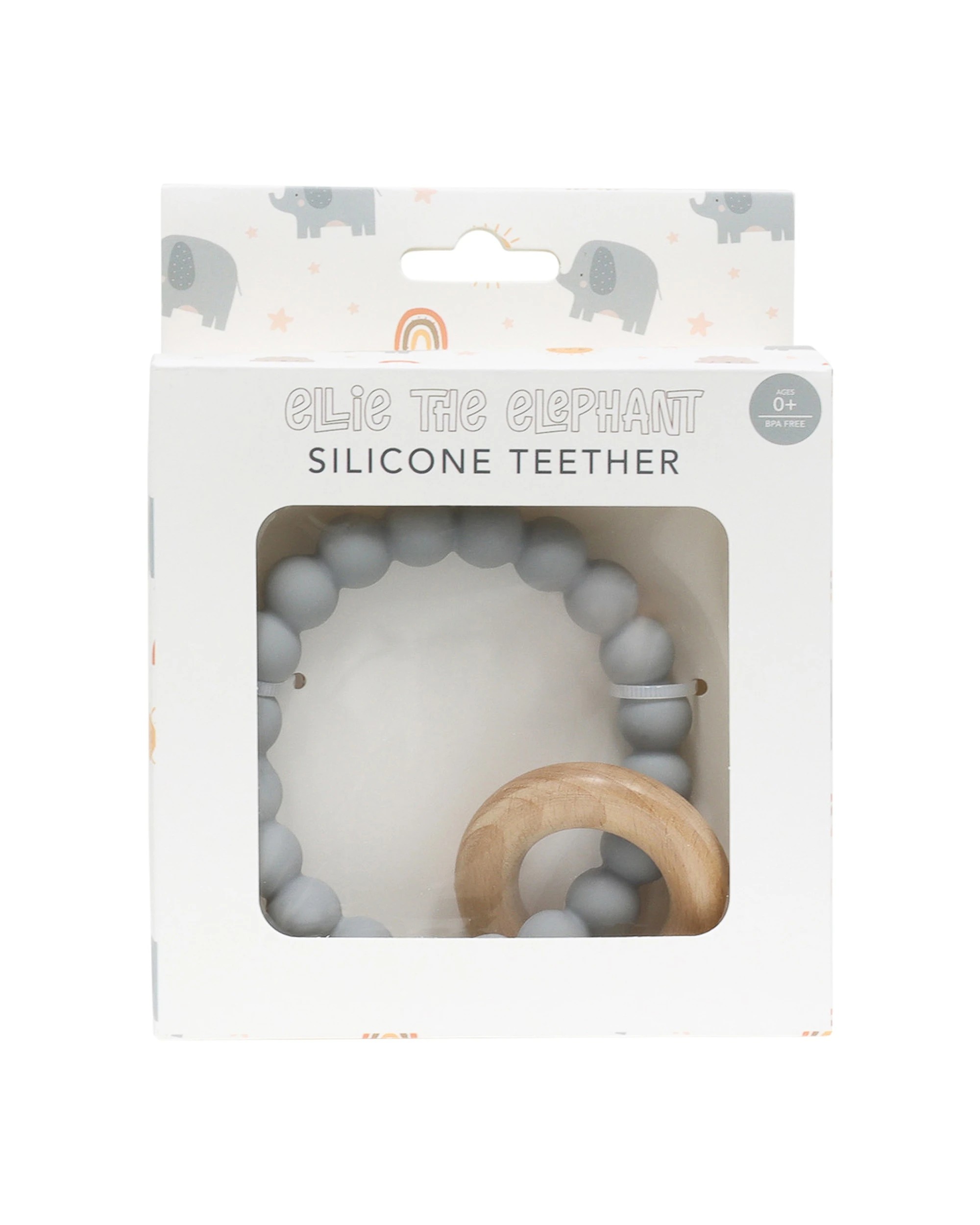 2 Splosh Baby Elephant Silicone-Wood Teether 0 Years And Up Sensory Teething Ring - Grey, 2 of 3