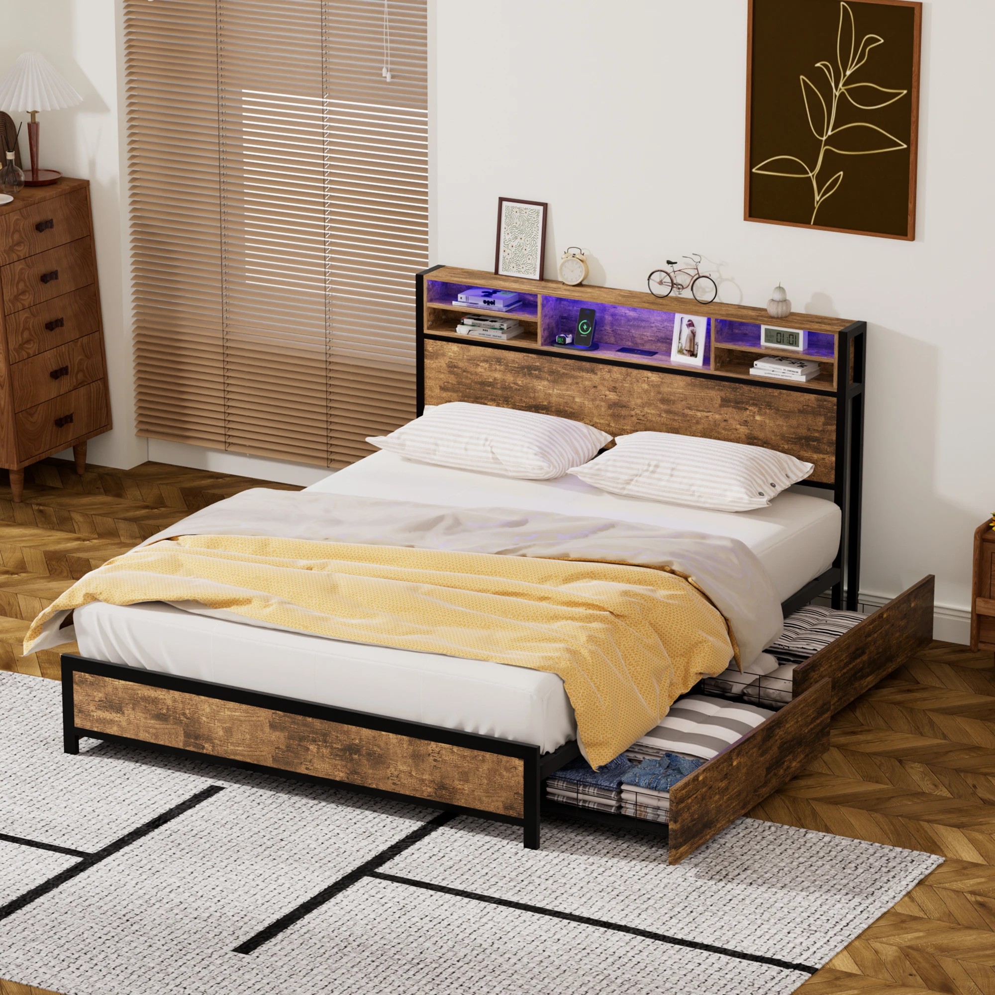 8 Levede Industrial Bed Frame RGB LED Storage Headboard USB Charge Drawers Double, 8 of 9