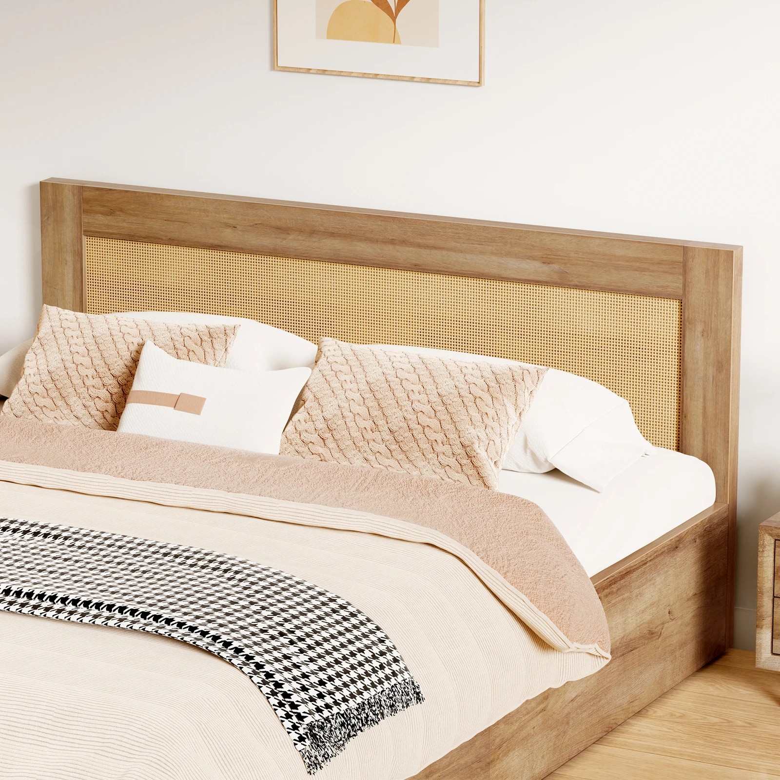 5 Alfordson Wooden Bed Frame Queen Size Rattan Bed Base with Storage Drawers - Oak, 5 of 10