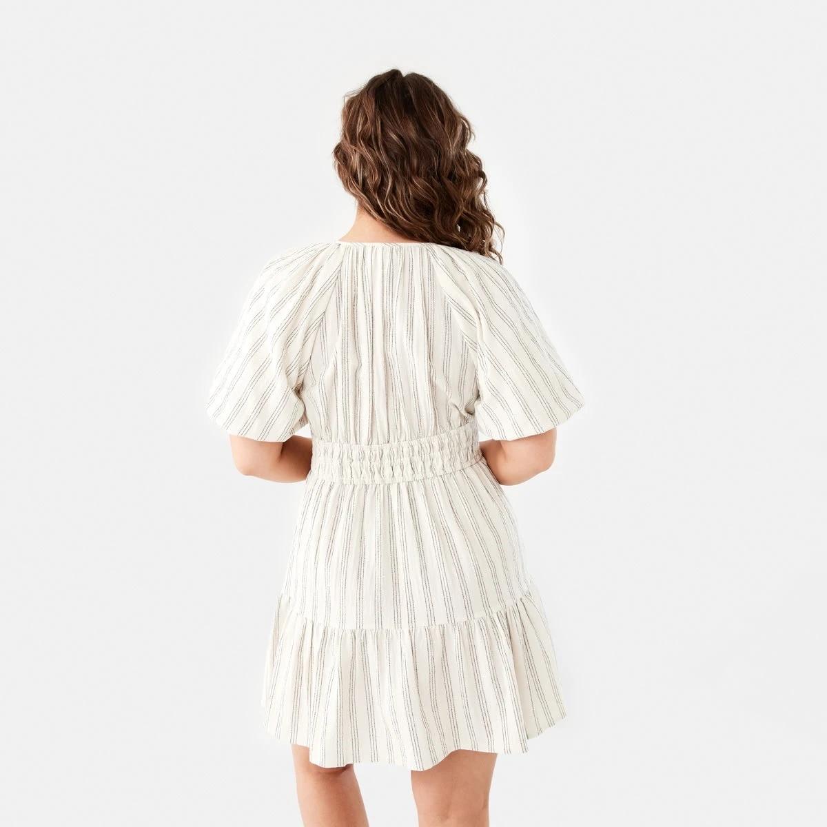 4 Short Sleeve Shirred Waist Mini Dress TRIPPLE STRIPE NATURAL BEIGE, 4 of 11