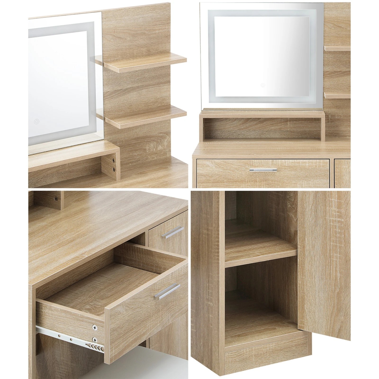 4 Oikiture Dressing Table Stool Set Makeup Mirror Led Light Large Cabinet
 - Natural, 4 of 9