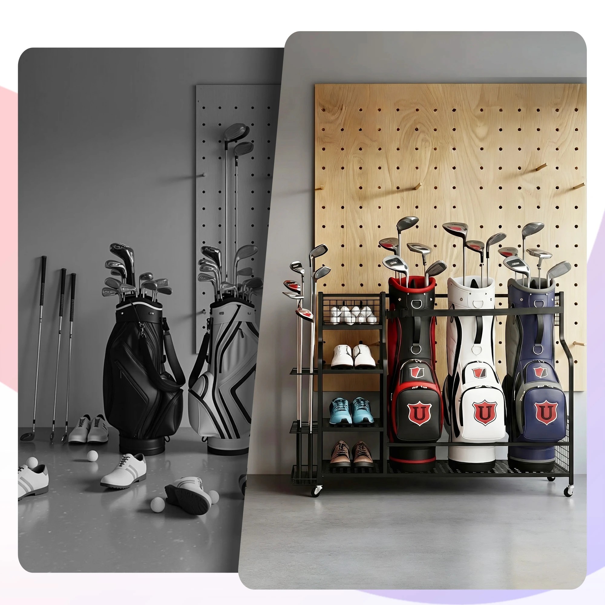 6 Everfit Golf 3 Bag Storage Golf Storage Garage Organizer with Wheels - Black, 6 of 7
