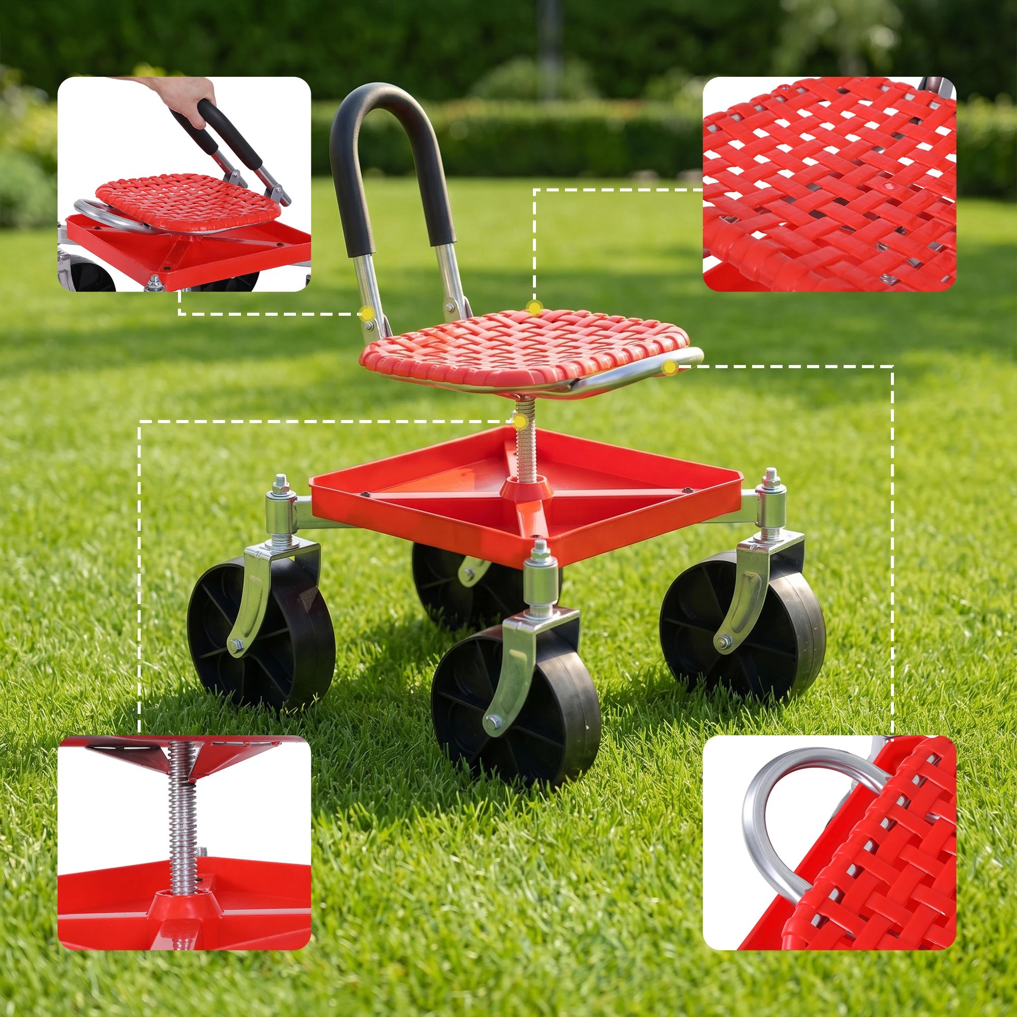 7 Gardeon Garden Cart Seat Rolling Stool 360 Swivel Height Adjustable Heavy Duty - Red, 7 of 9