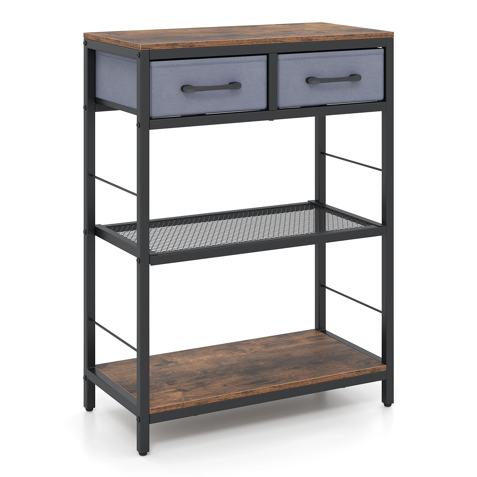 1 Costway 3-Tier Narrow Console Table w/2 Fabric Drawers Behind Sofa Table - Brown, 1 of 6