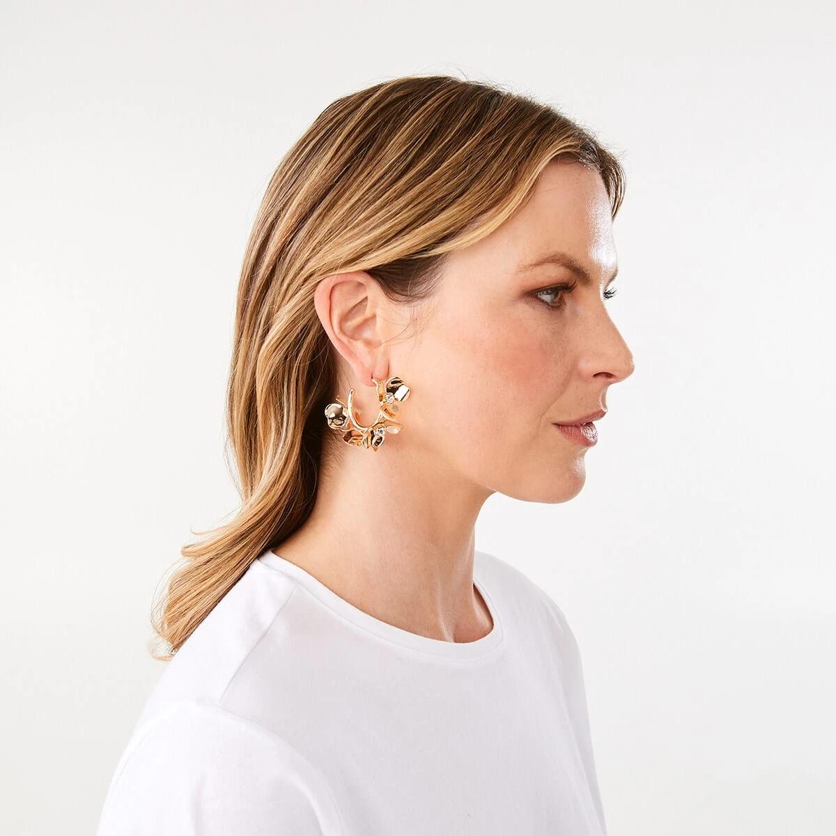 3 Diamante Flower Hoop Earrings - Gold Tone Gold, 3 of 5