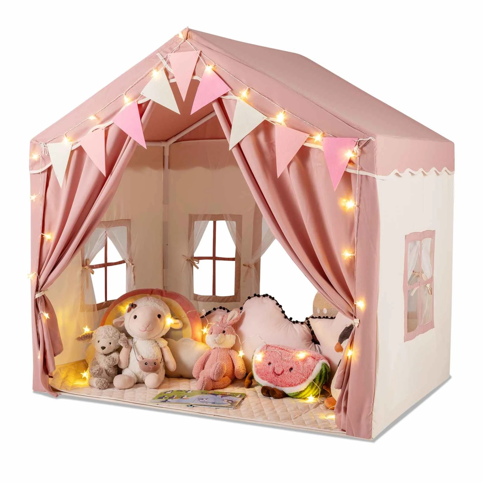 1 Costway Skin-Friendly Large Play Tent House w/Star Lights - Pink, 1 of 1