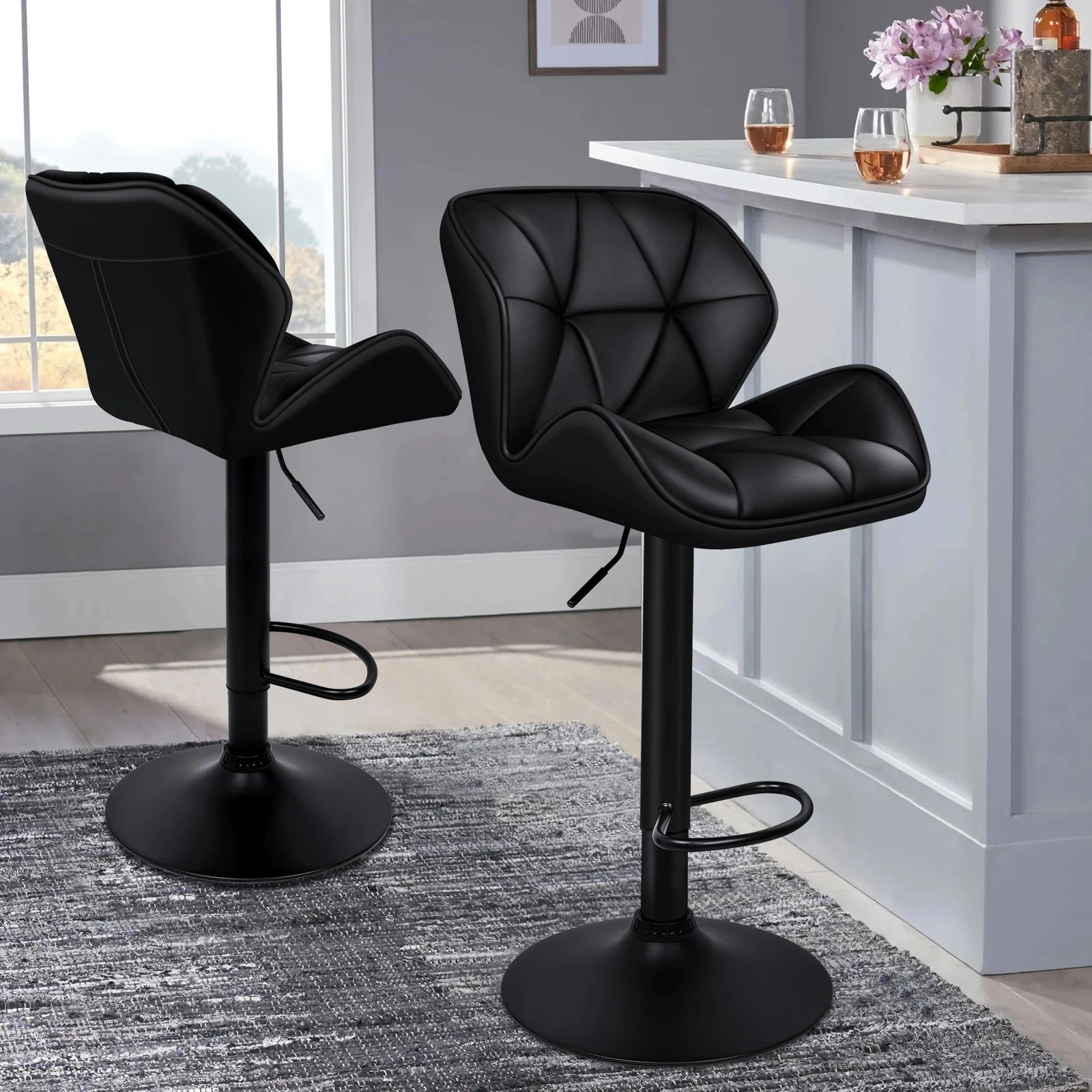 2 Alfordson 2x Bar Stools Willa Kitchen Gas Lift Swivel Chair Leather - Black, 2 of 9