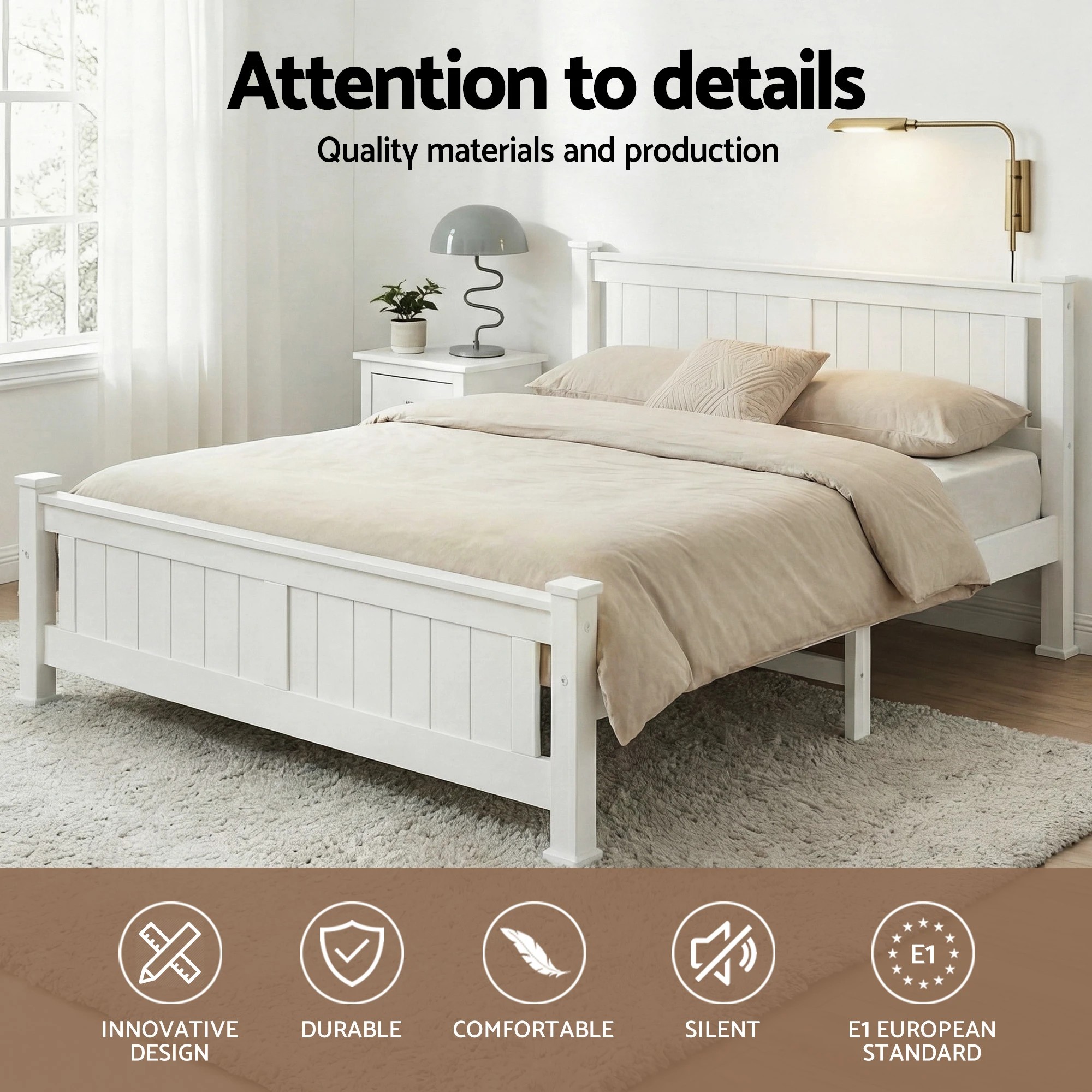 4 Artiss Bed Frame Double Size Wooden  RIO - White, 4 of 10