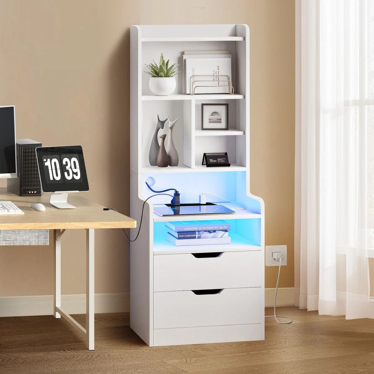 4 LUXSUITE 2IN1 Beside Table Bookshelf LED Nightstand 2 Drawer, 4 of 8