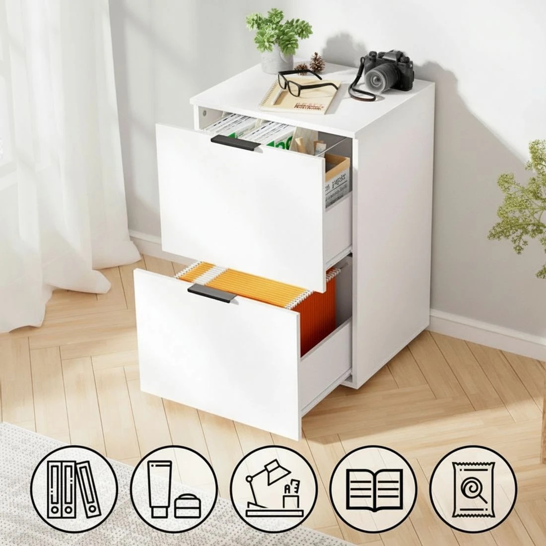 6 Artiss Filing Cabinet Files Storage Office Shelves File Organiser White 2 Drawer
 - white, 6 of 8