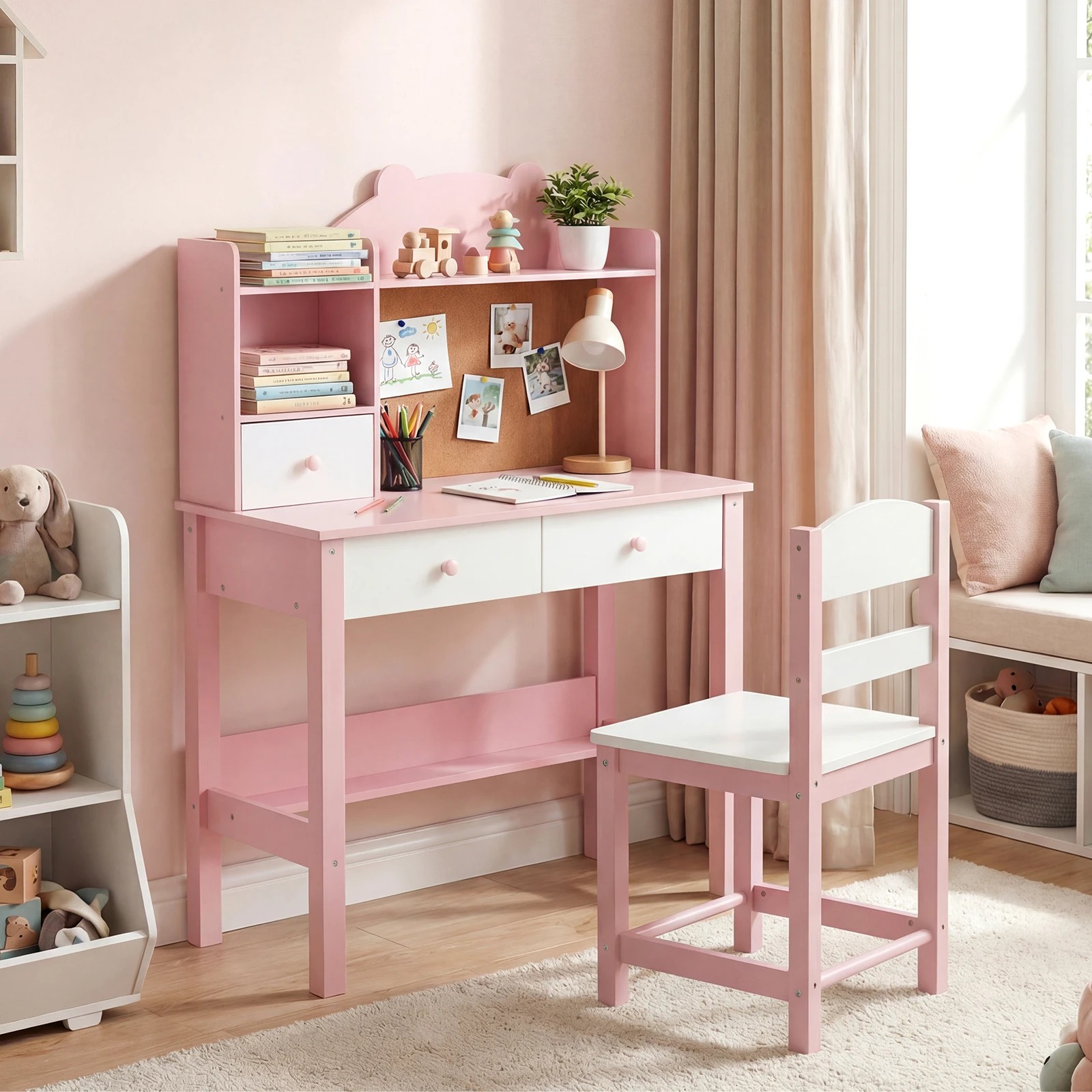 4 Costway Wooden Desk Chair Set Bear Student Writing Table Study Room w/Drawers - Pink, 4 of 4