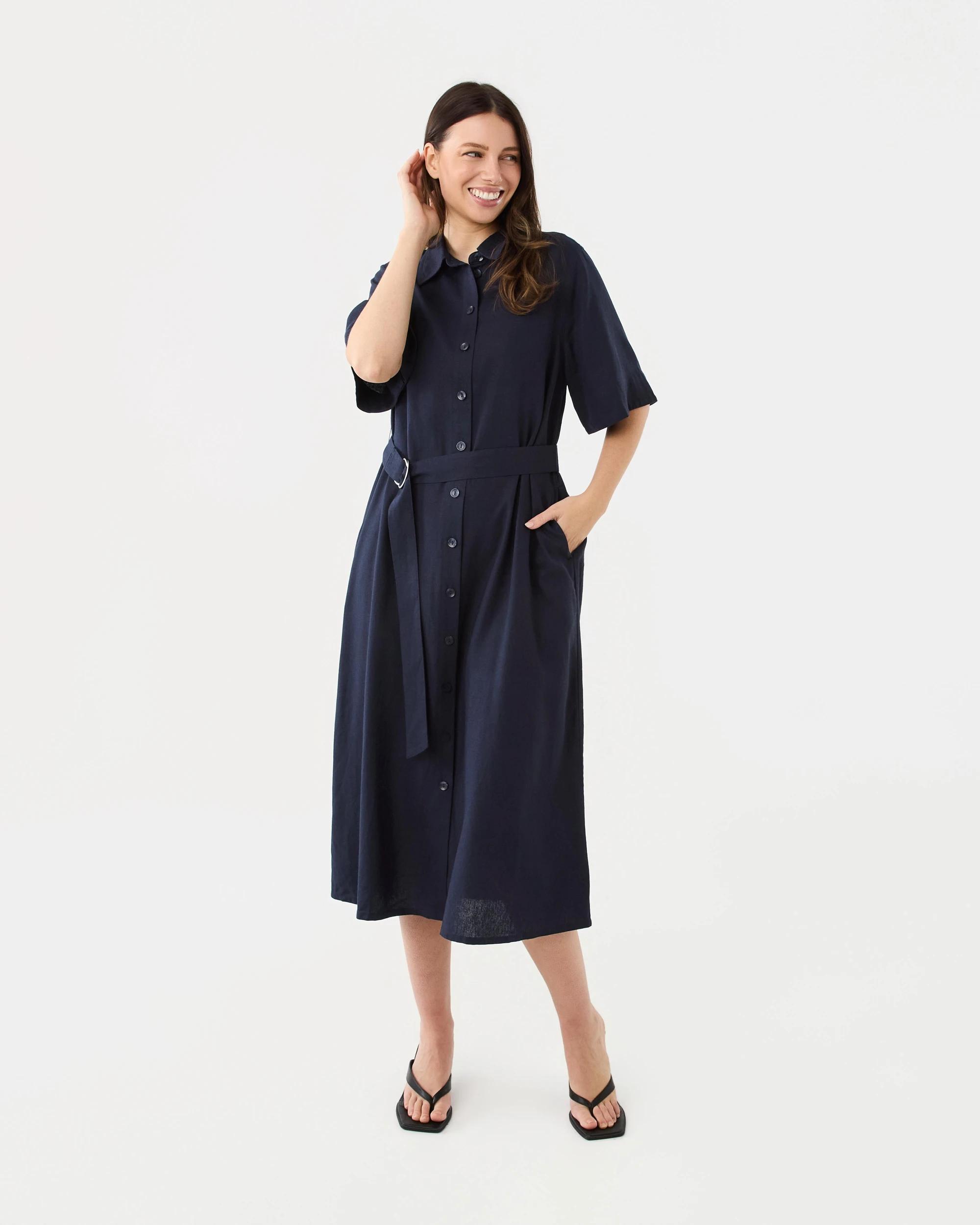 1 Short Sleeve Belted Midi Shirt Dress Navy Blaze, 1 of 8