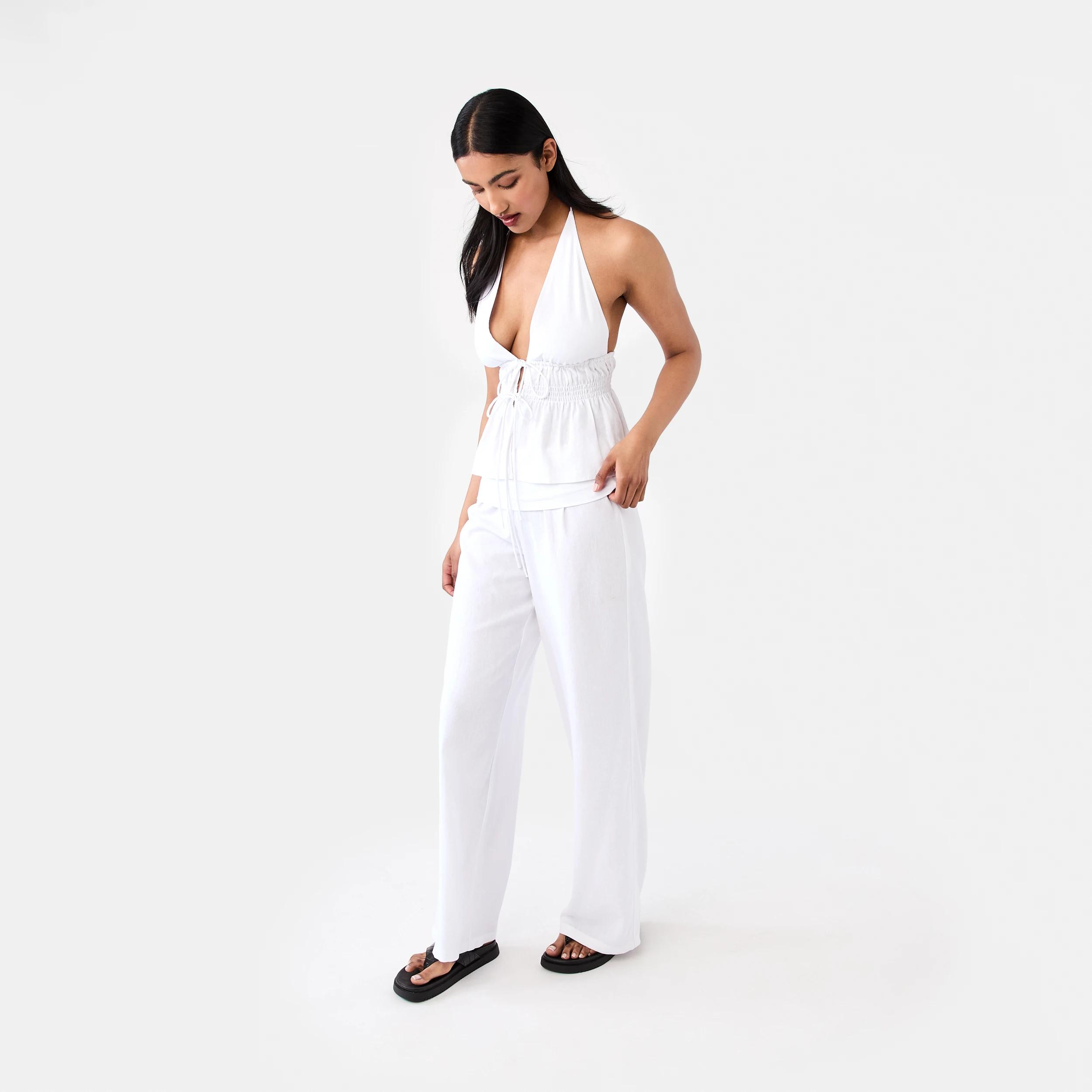 3 Linen Blend Tie Front Halter Neck Top White, 3 of 7
