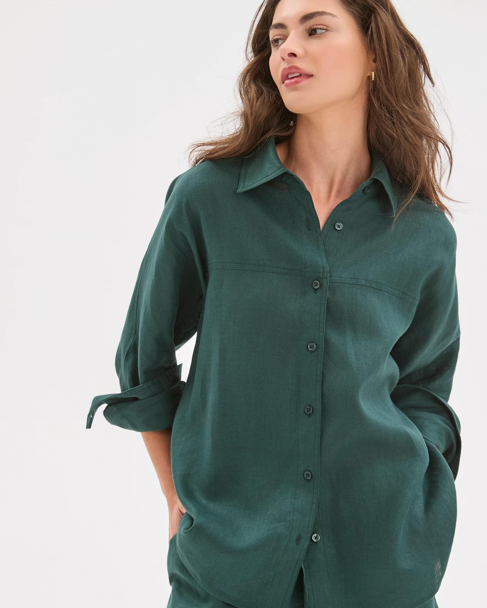 1 Target Petites Petites European Linen Seamed Shirt DEEP GREEN, 1 of 7