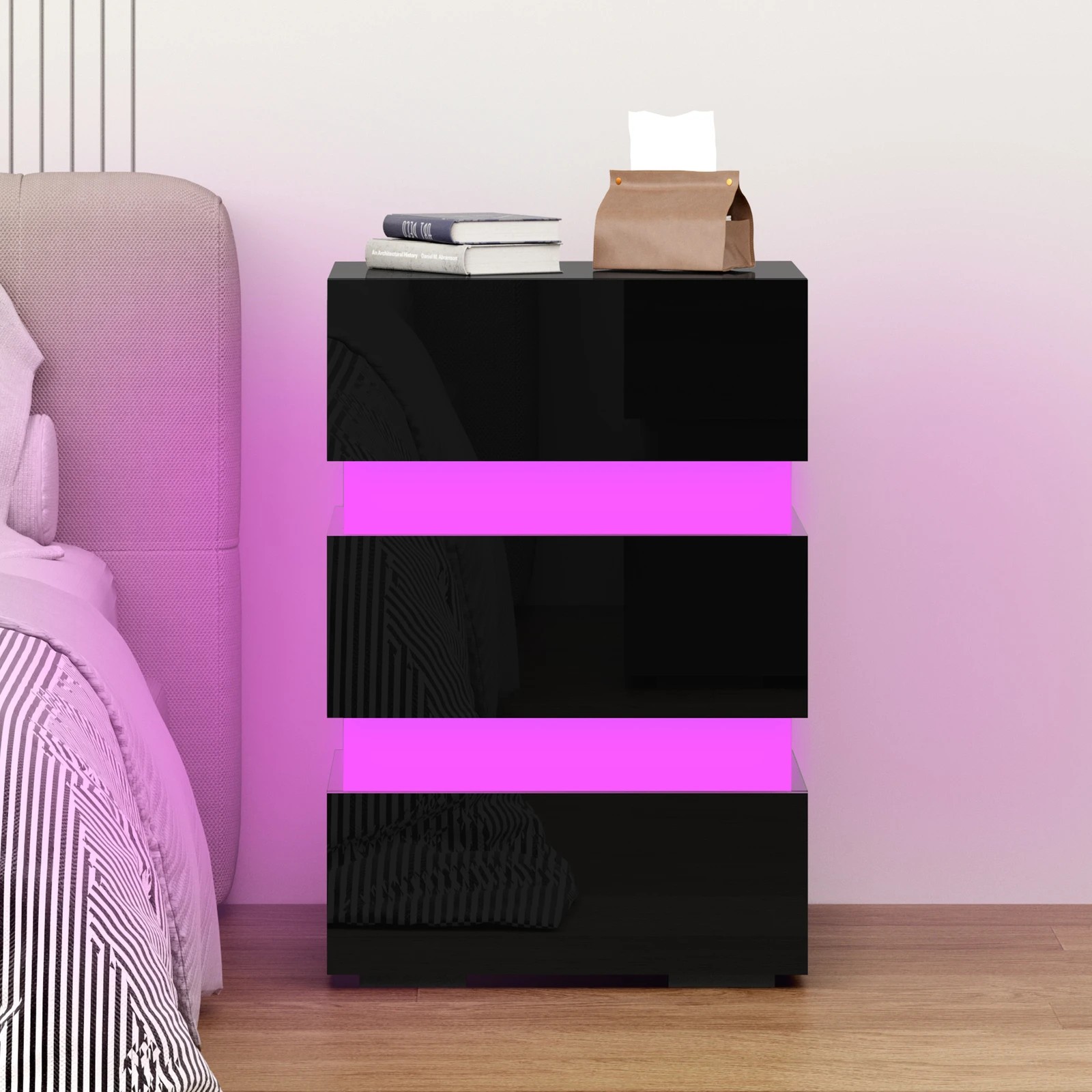 6 Alfordson Bedside Table RGB LED Nightstand 3 Drawers 4 Side High Gloss - Black, 6 of 10