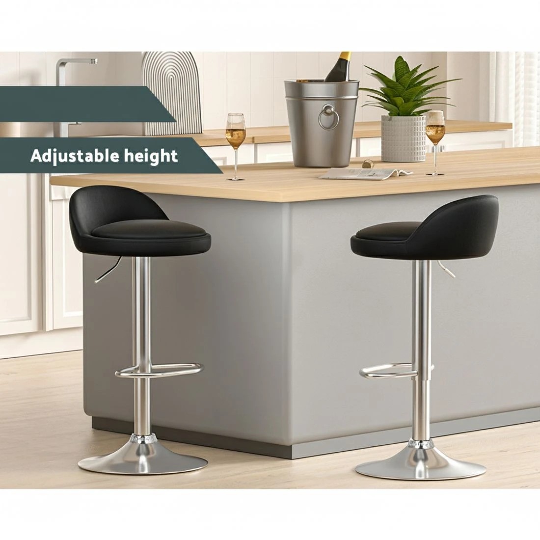 3 Artiss 2x Bar Stools PU Leather Gas Lift - Black, 3 of 5